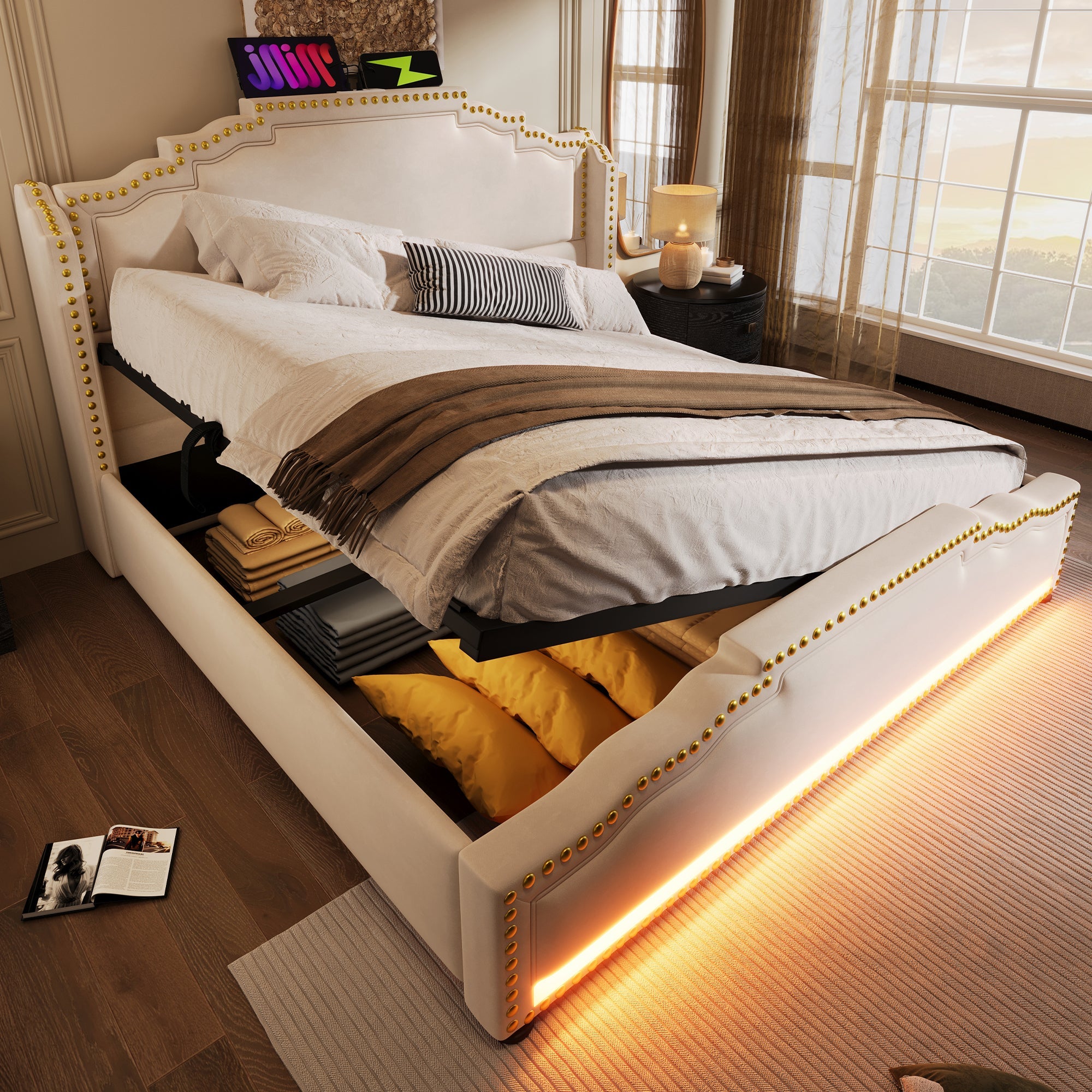 Logidon gestoffeerd bed 140x200 beige met opbergruimte LED USB-C
