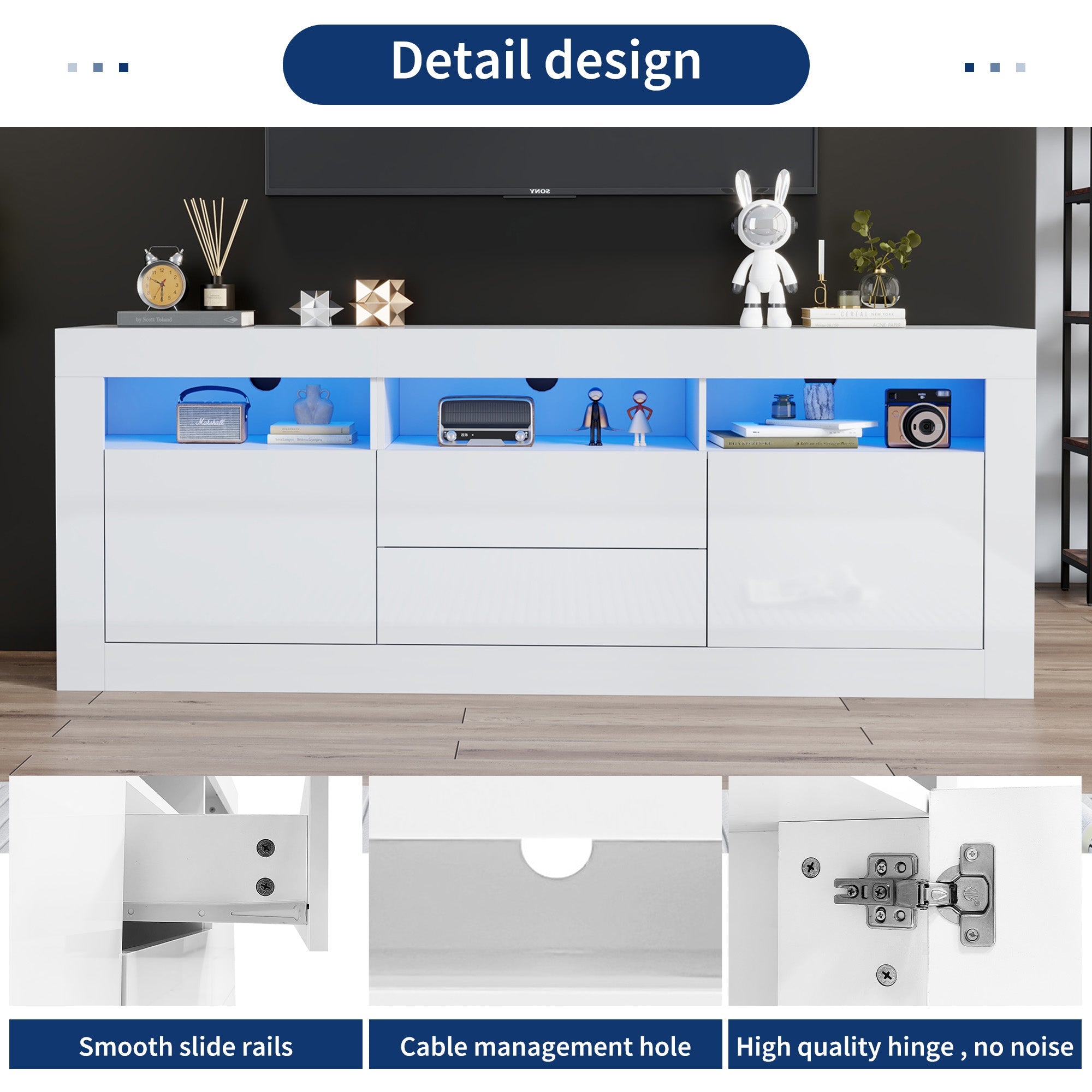Logidon white high-gloss TV cabinet 160x35x60 cm with LED lighting