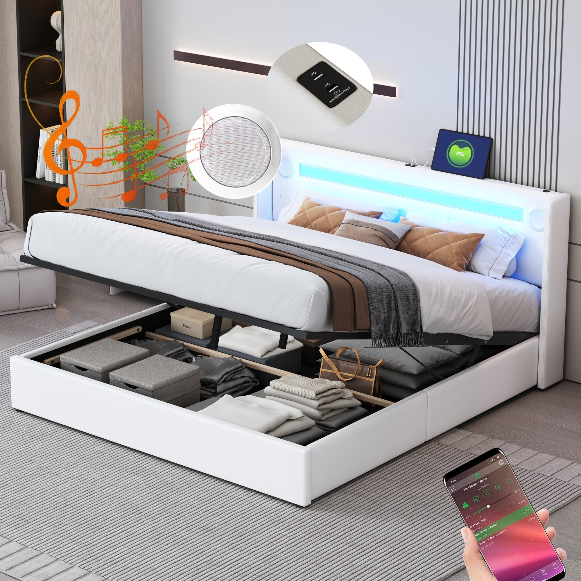Logidon gestoffeerd bed 160x200 wit met LED lichtstrip Bluetooth USB
