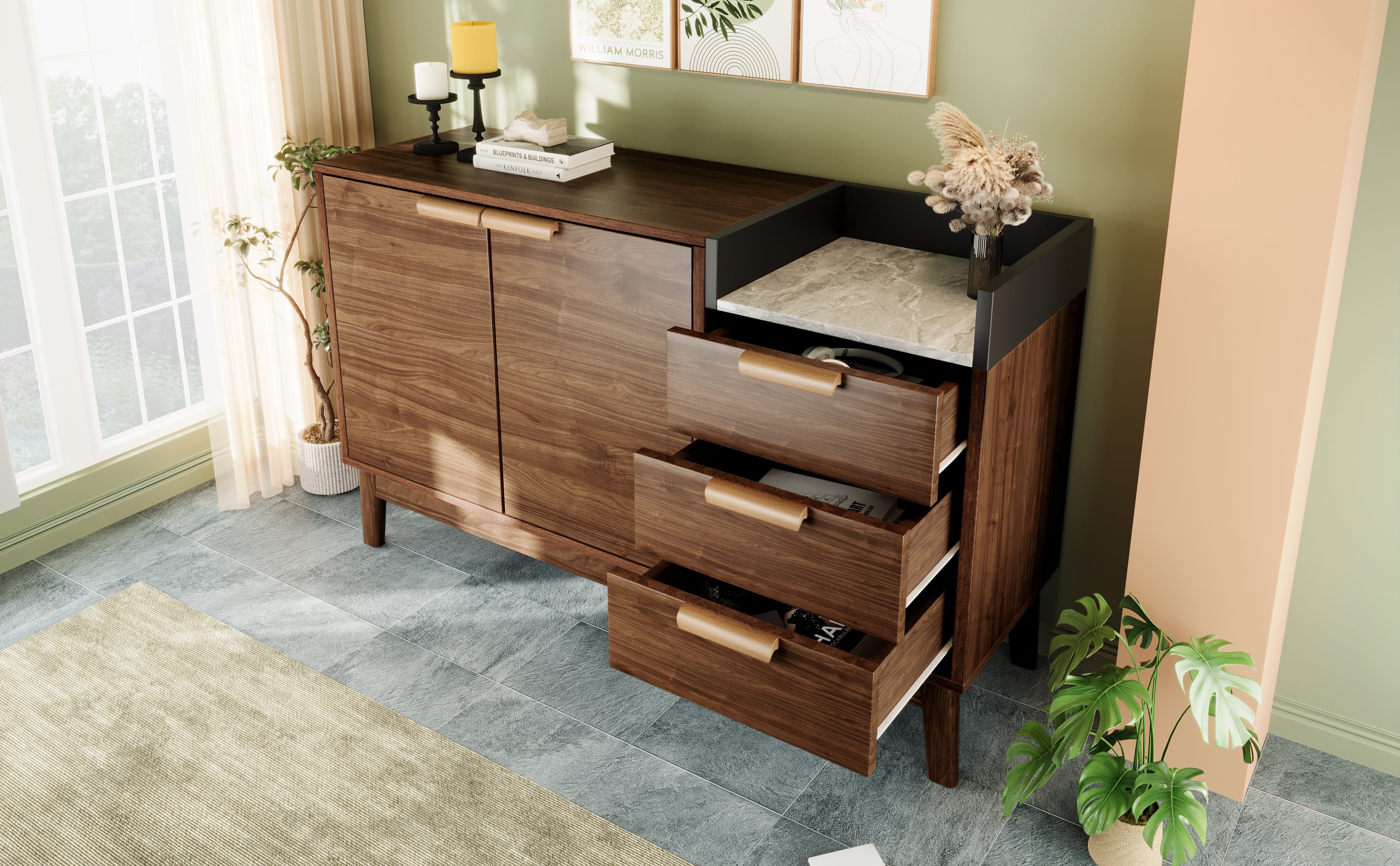 Logidon woonkamer ladekast eiken decor marmerlook blad 3 lades