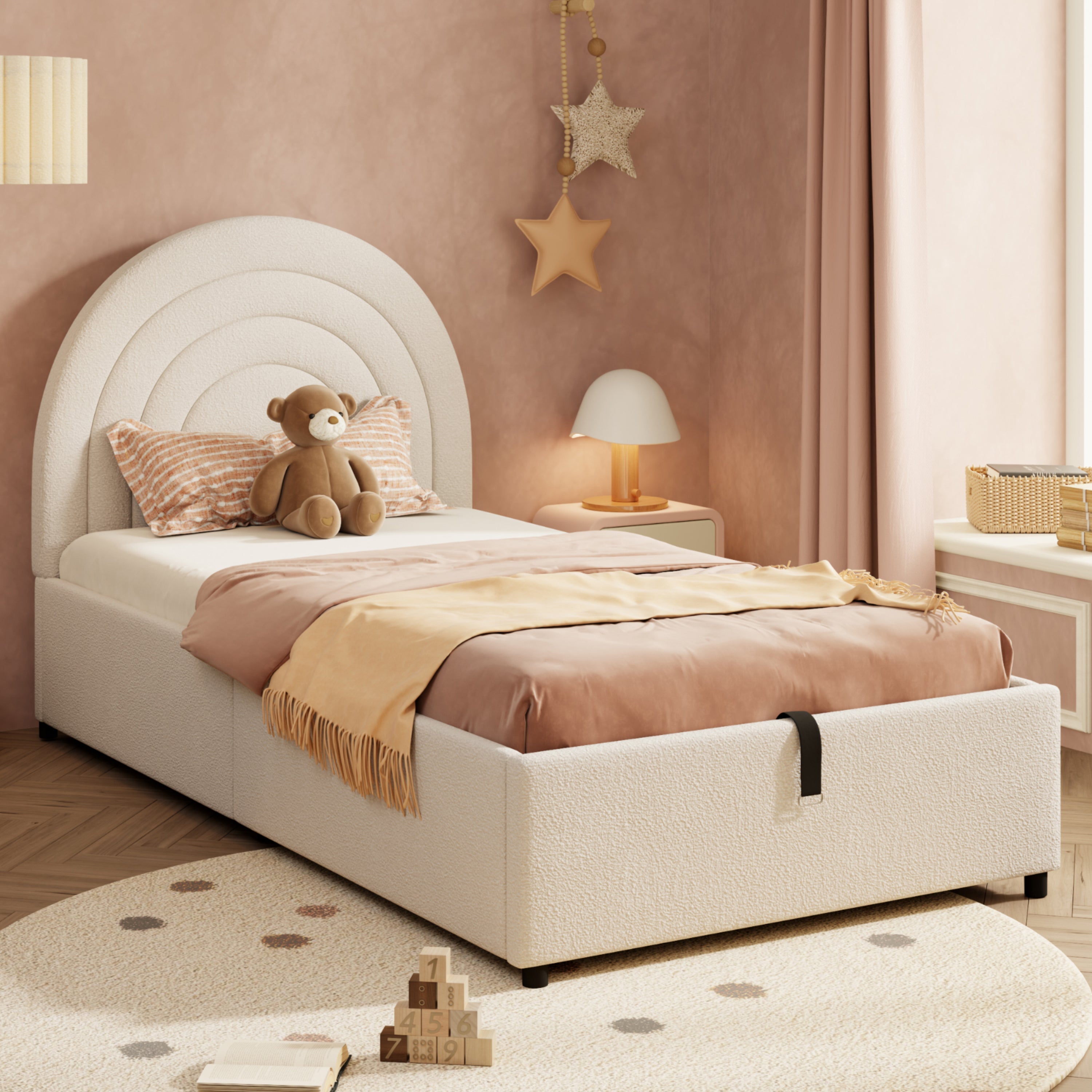 Logidon kinderbed 90x200 beige bouclé hoofdbord lattenbodem