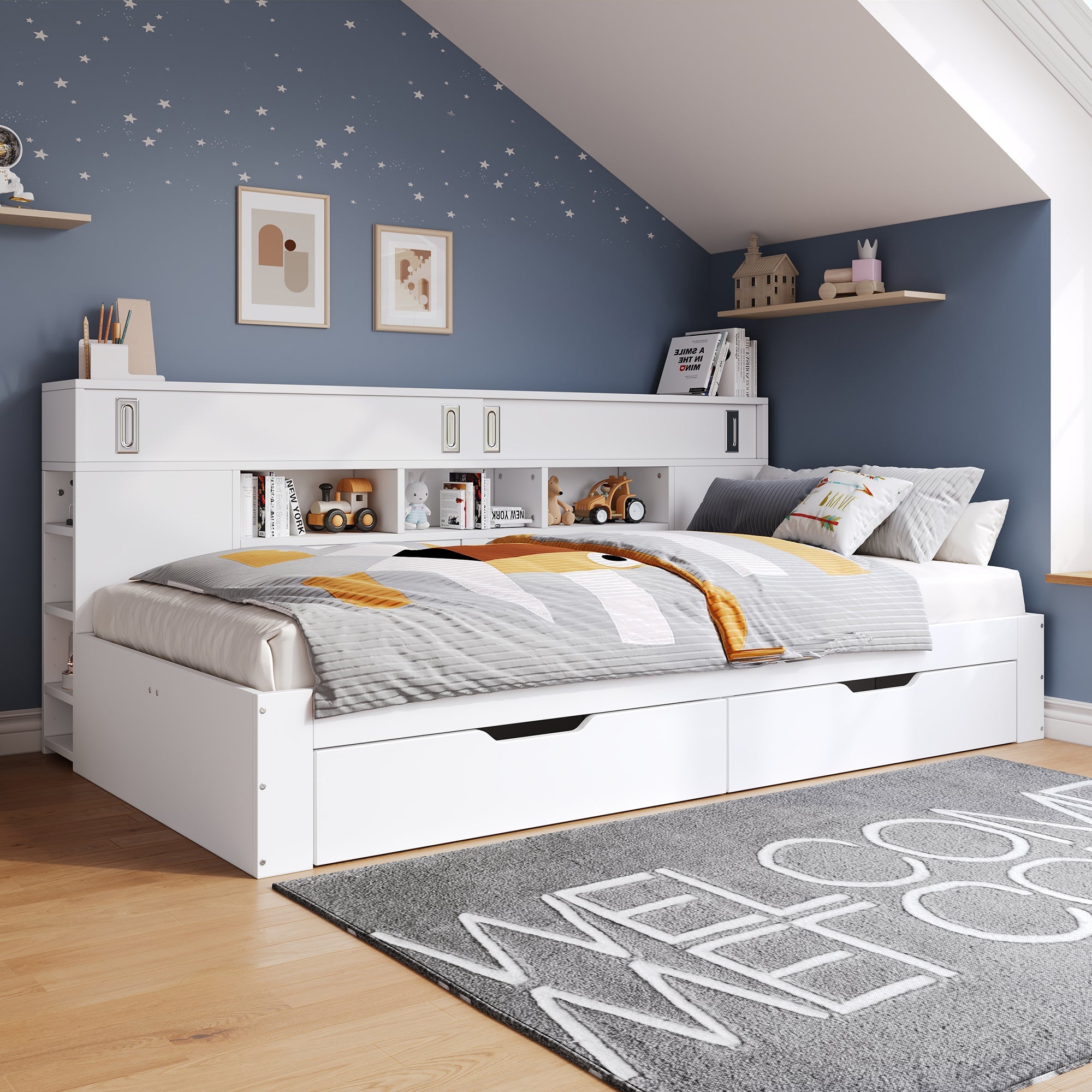 Logidon kinderbed 135x190 cm met opbergruimte, planken en kast wit