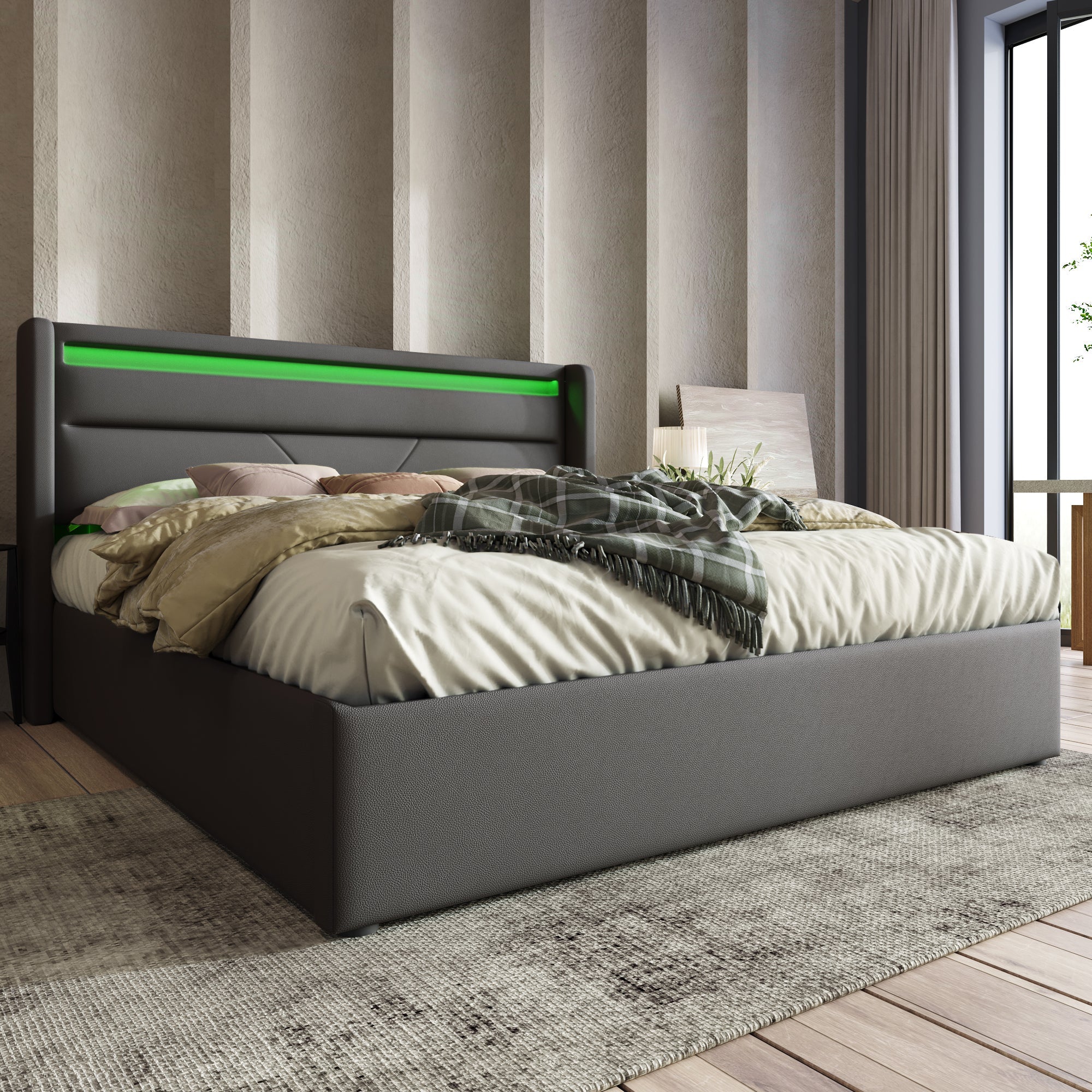 Logidon hydraulisch opbergbed 160x200cm tweepersoonsbed grijs LED
