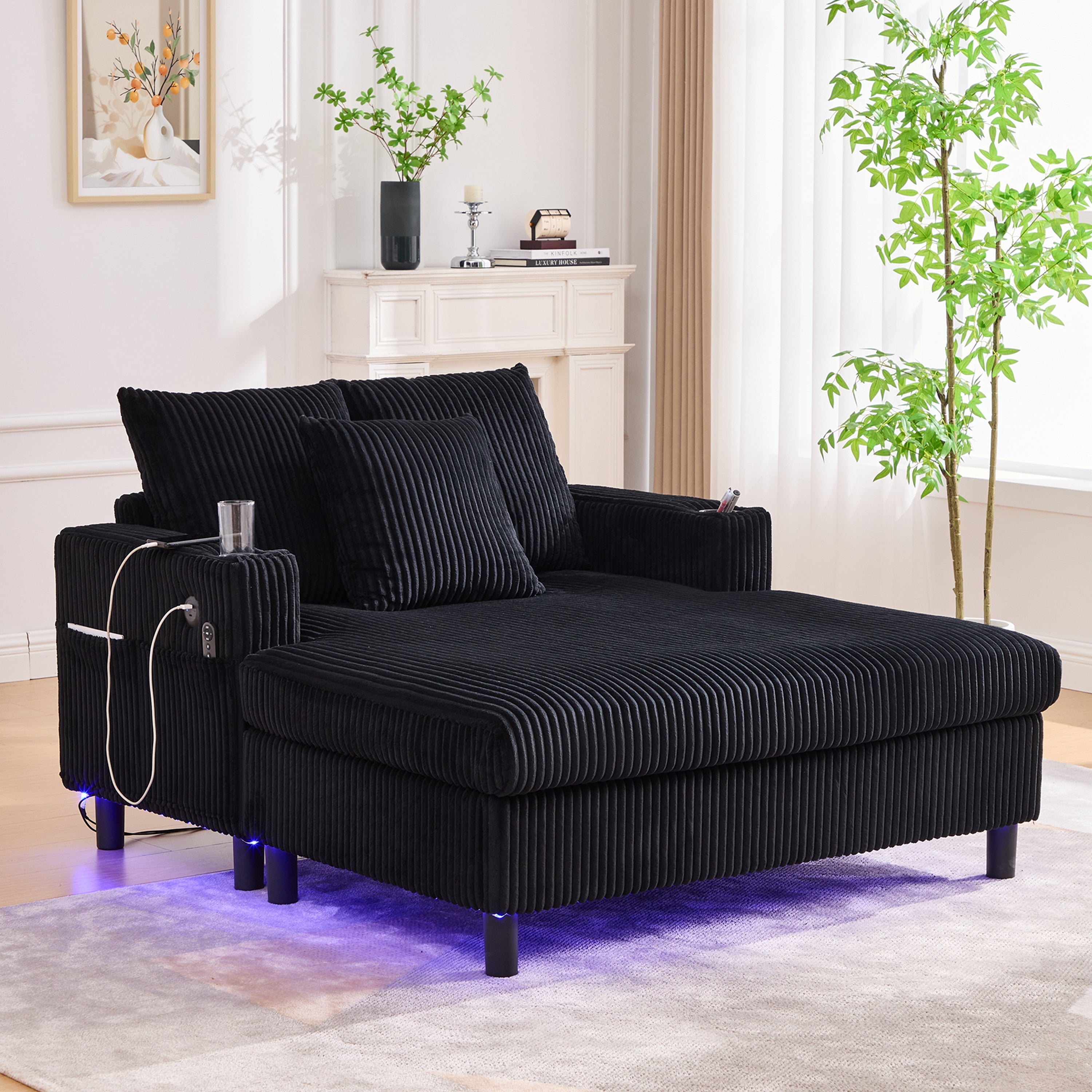 Logidon Velvet Chaise Longue Zwart met USB-oplaadpunten en LED-verlichting