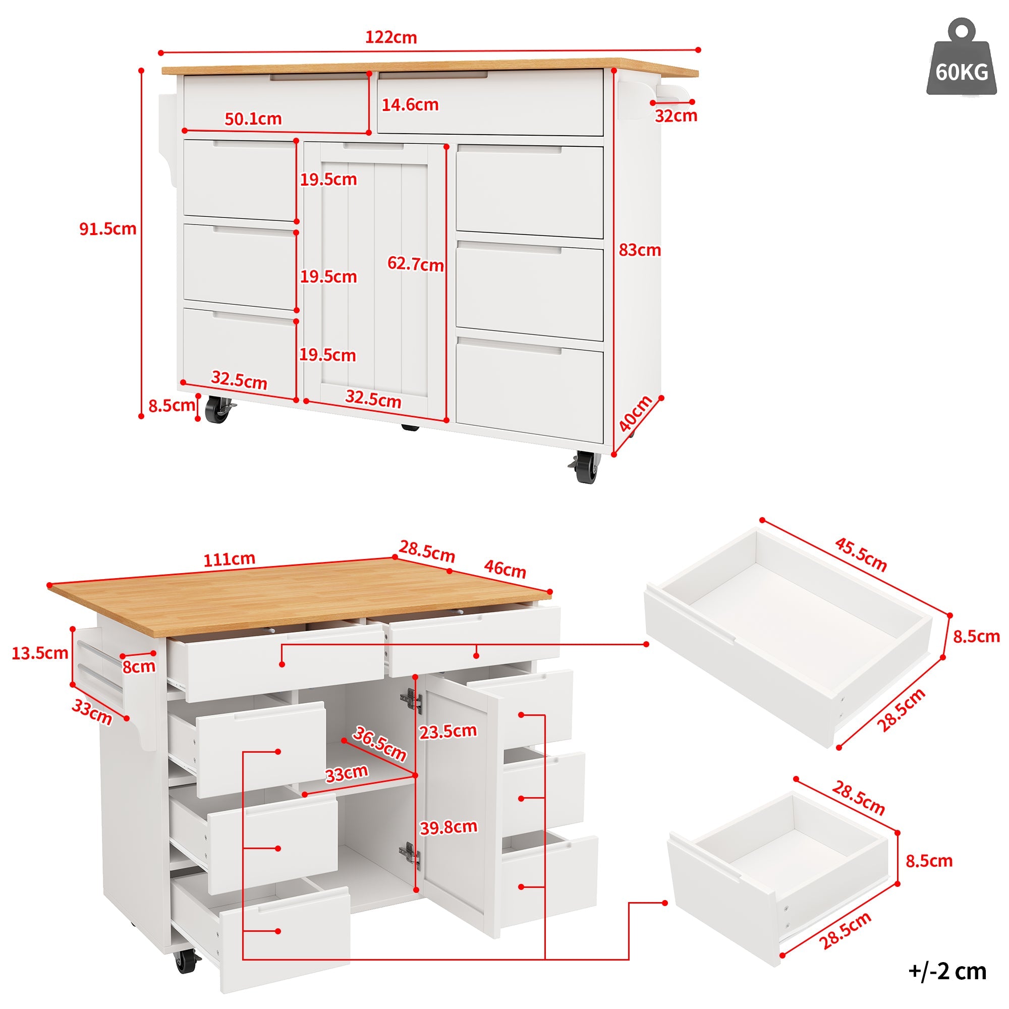 Logidon Modern Keukeneiland Uitschuifbare Keukentrolley Wit 8 Laden