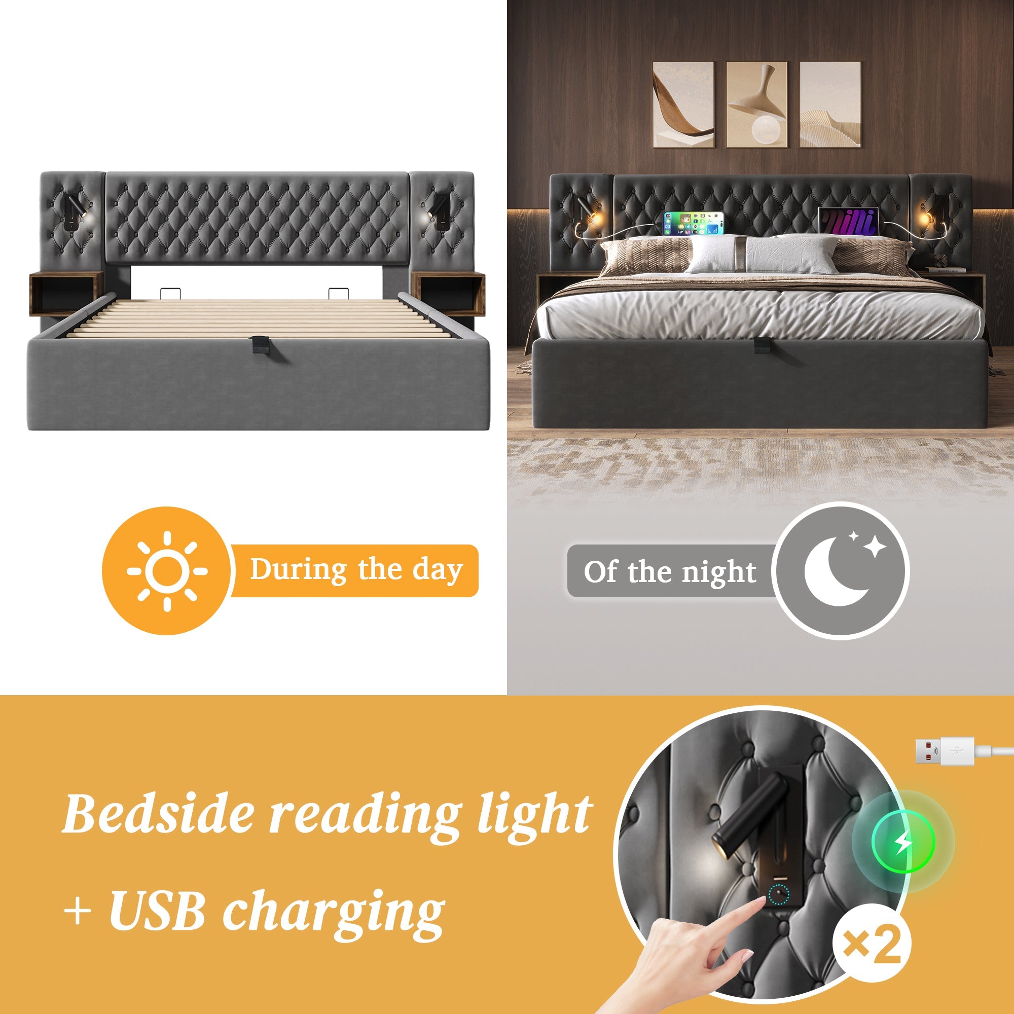 Logidon bed system 160x200 cm upholstered bed with storage space gray velvet