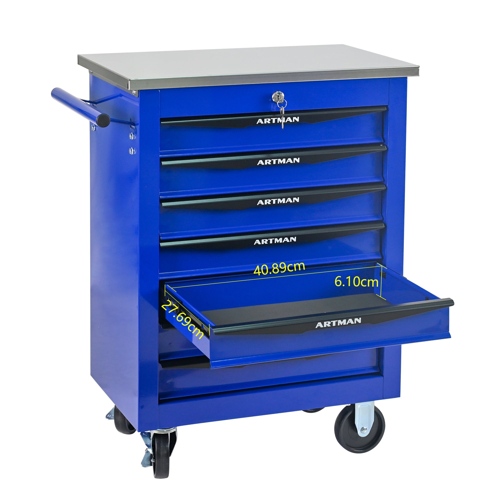 Logidon gereedschapswagen 7 laden blauw stalen wielen RVS dak
