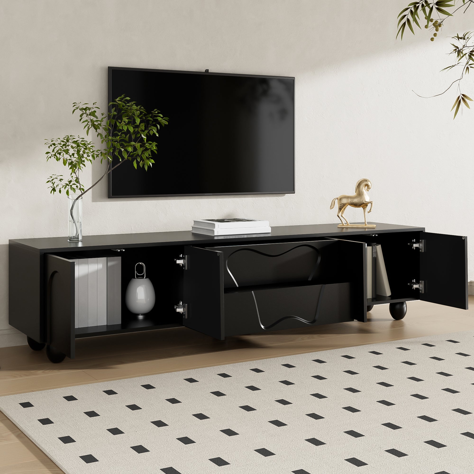 Logidon TV-meubel 180 cm Zwart Modern Kast met Houten Poten