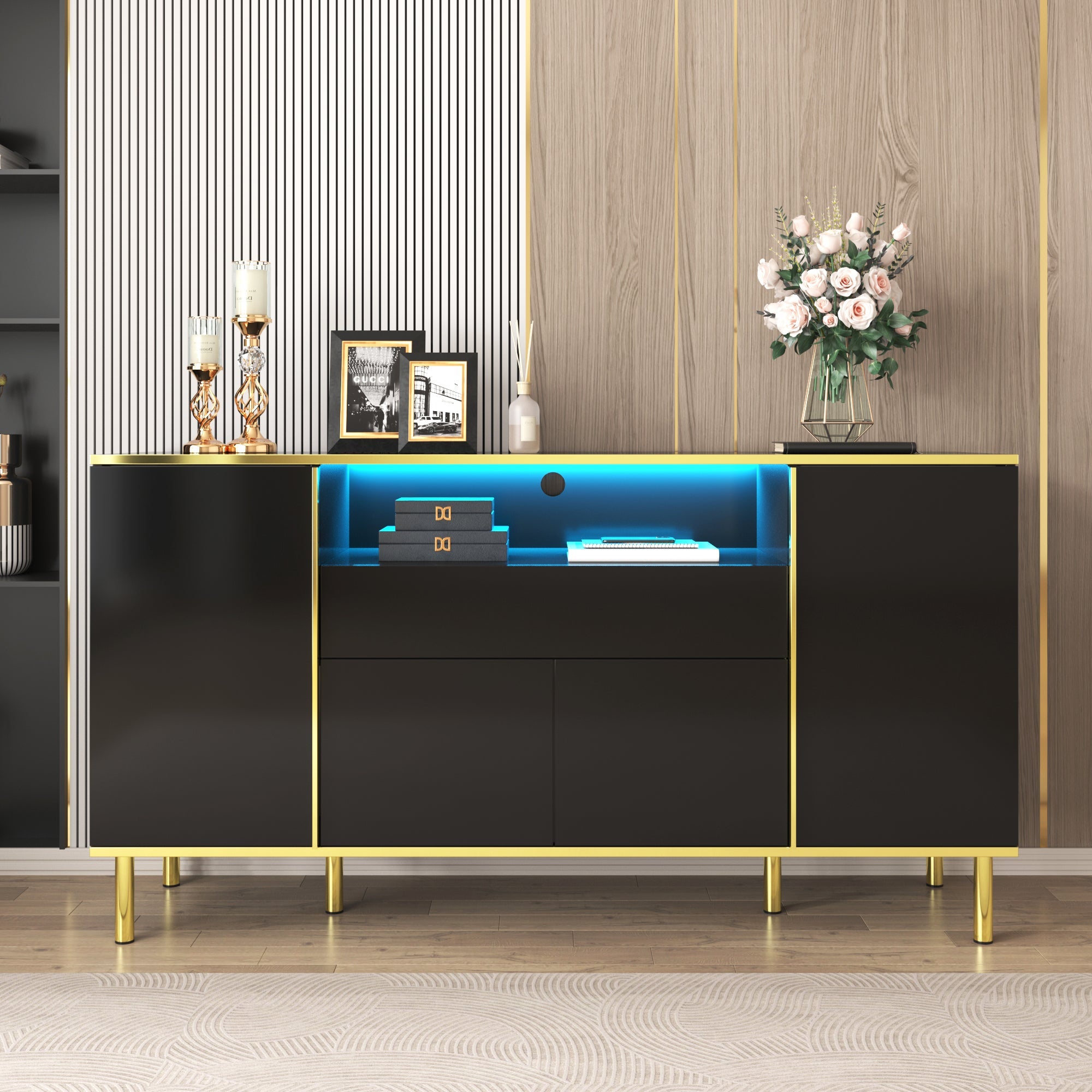 Logidon high-gloss sideboard black 150x40x80 with LED accents