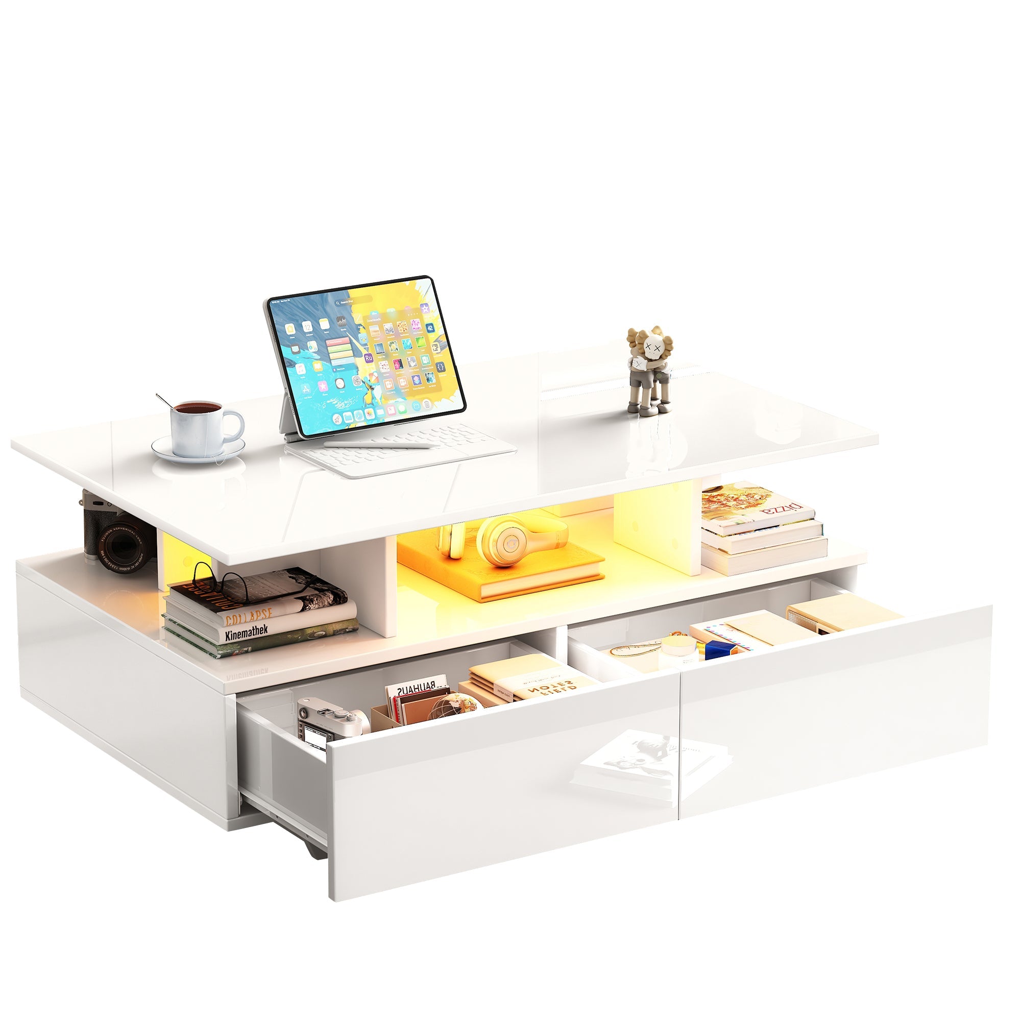 Logidon hoogglans salontafel LED, 2 lades, 90x55x41 cm wit