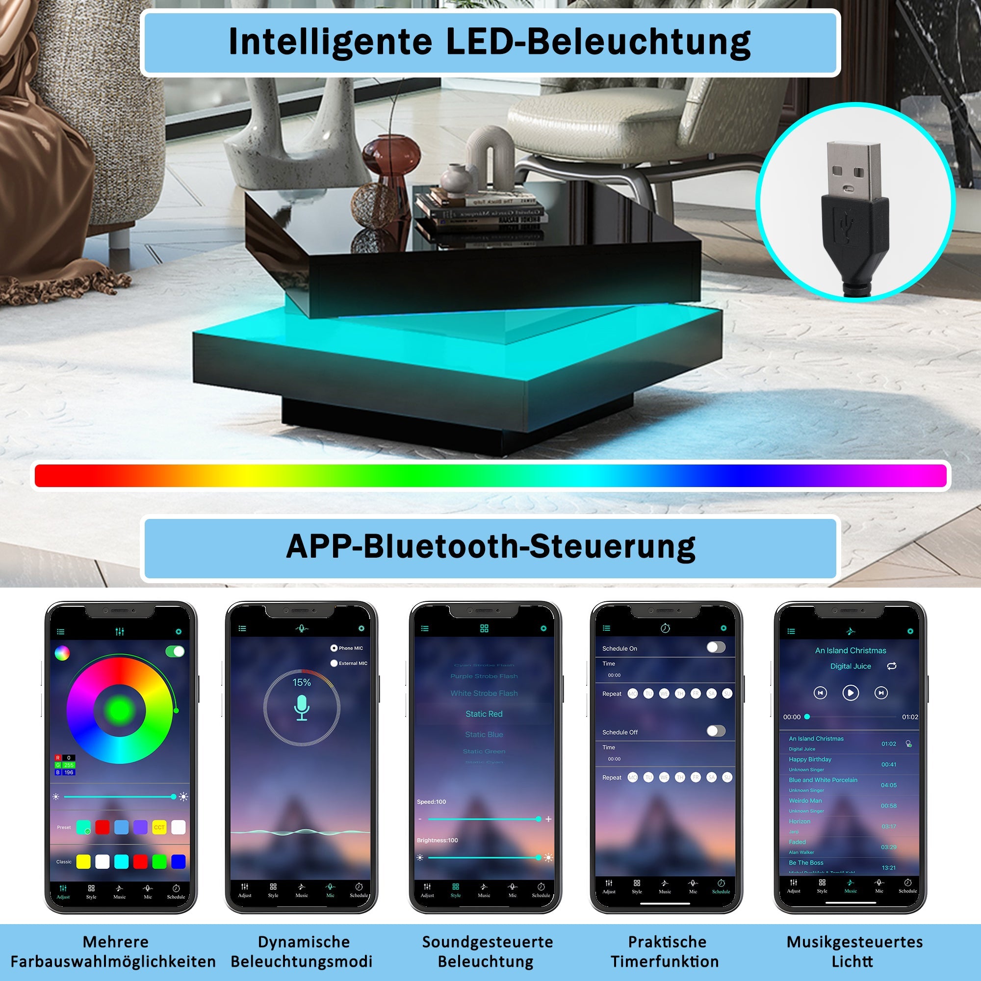 Logidon Vierkante Salontafel Zwart LED 16 Kleuren 70x70x36 cm