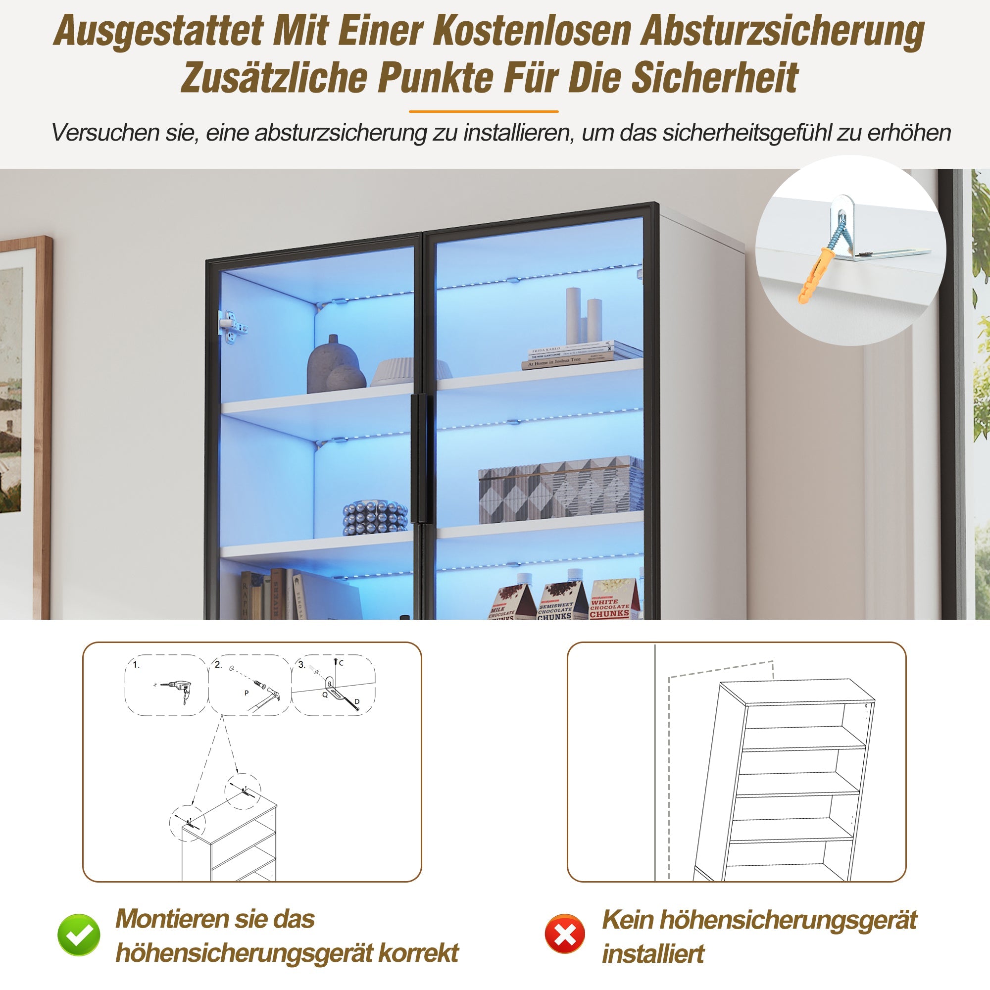 Logidon vitrinekast 70x30x200 cm witte LED glazen vitrinekast met lade