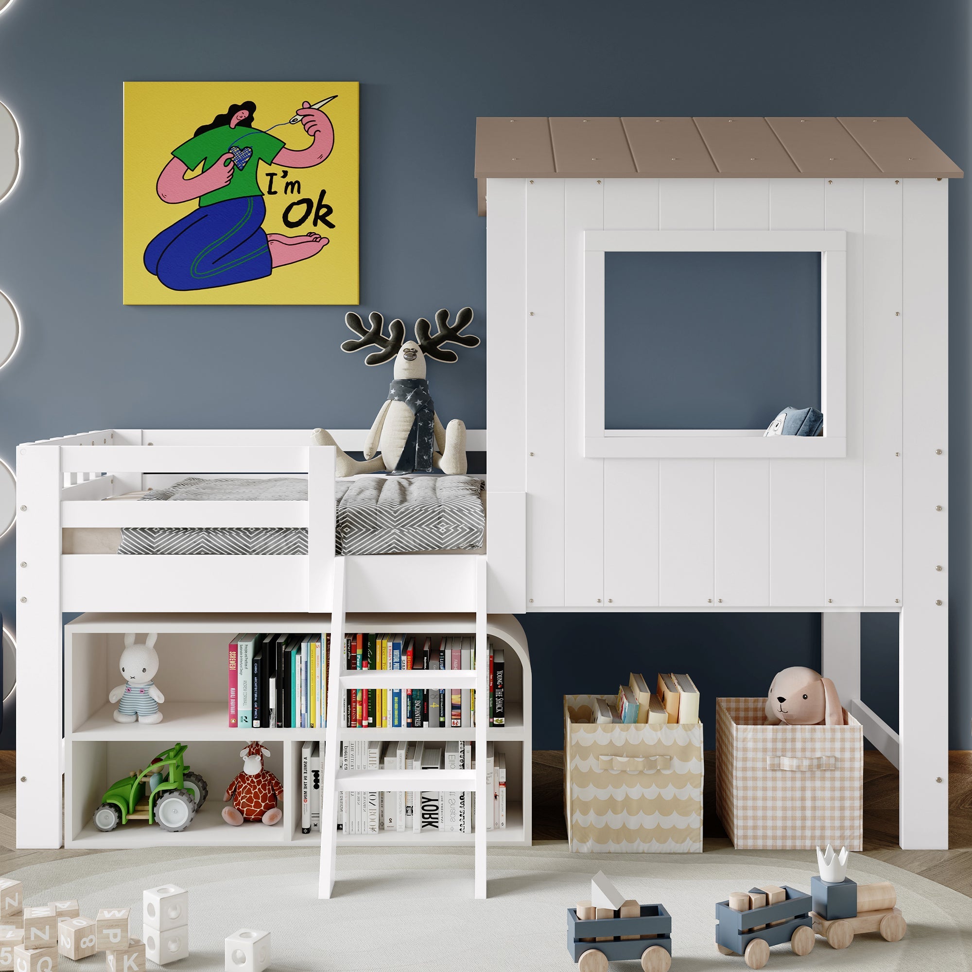 Logidon kinderbed halfhoogslaper met dakraam 90x200 wit naturel