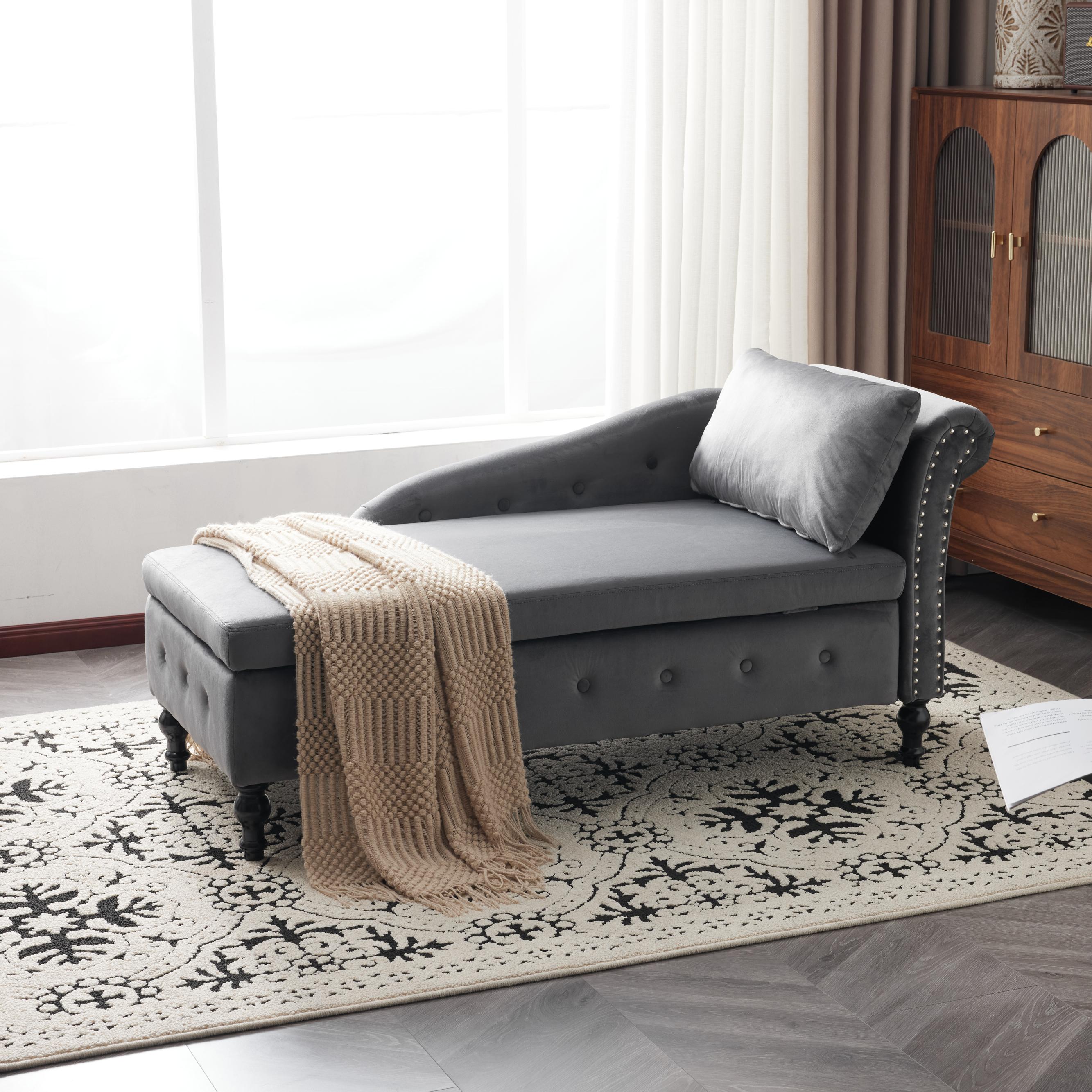 Logidon chaise longue bank grijs fluweel met opbergspijkerkop