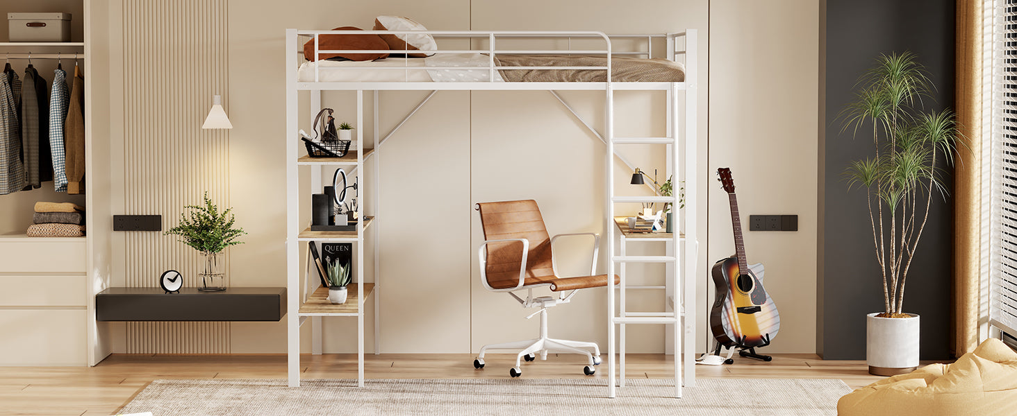 Logidon 90x200 cm metalen hoogslaper met bureauplanken wit