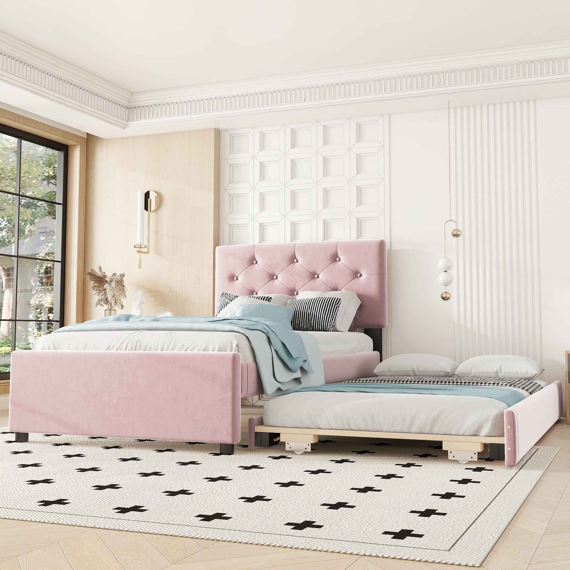 Logidon gestoffeerd bed 90x200 roze fluweel met rolcontainer