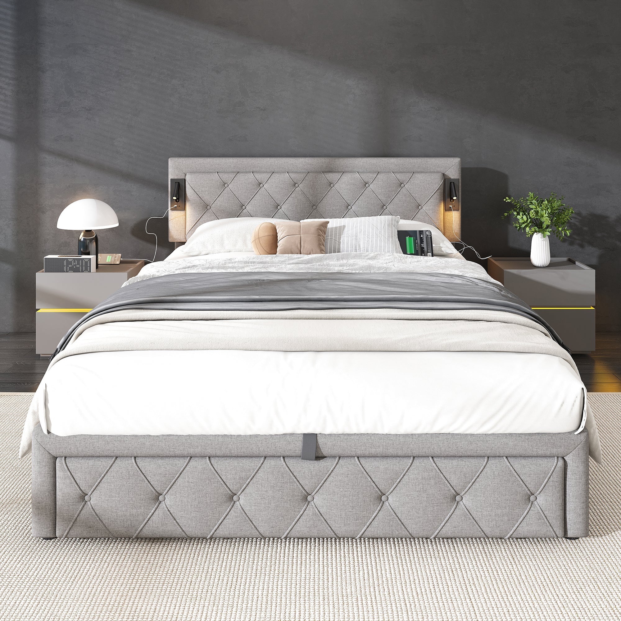 Logidon gestoffeerd bed 160x200 grijs met inbouwspot USB opbergruimte lattenbodem