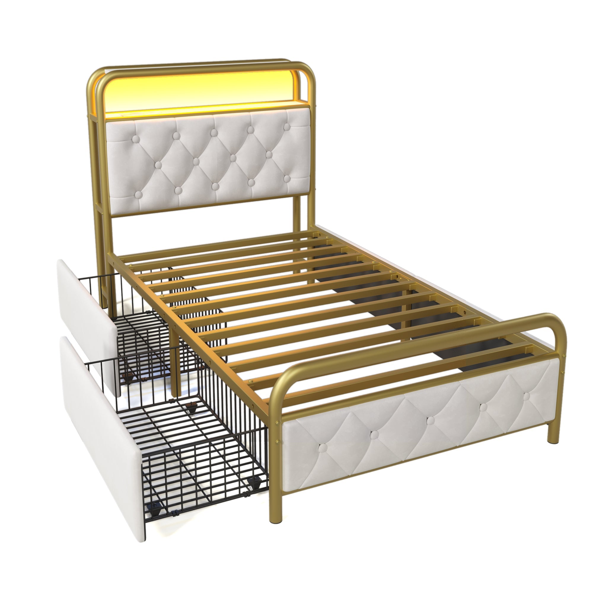 Logidon upholstered bed 90x200 USB C charging function LED white velvet drawers