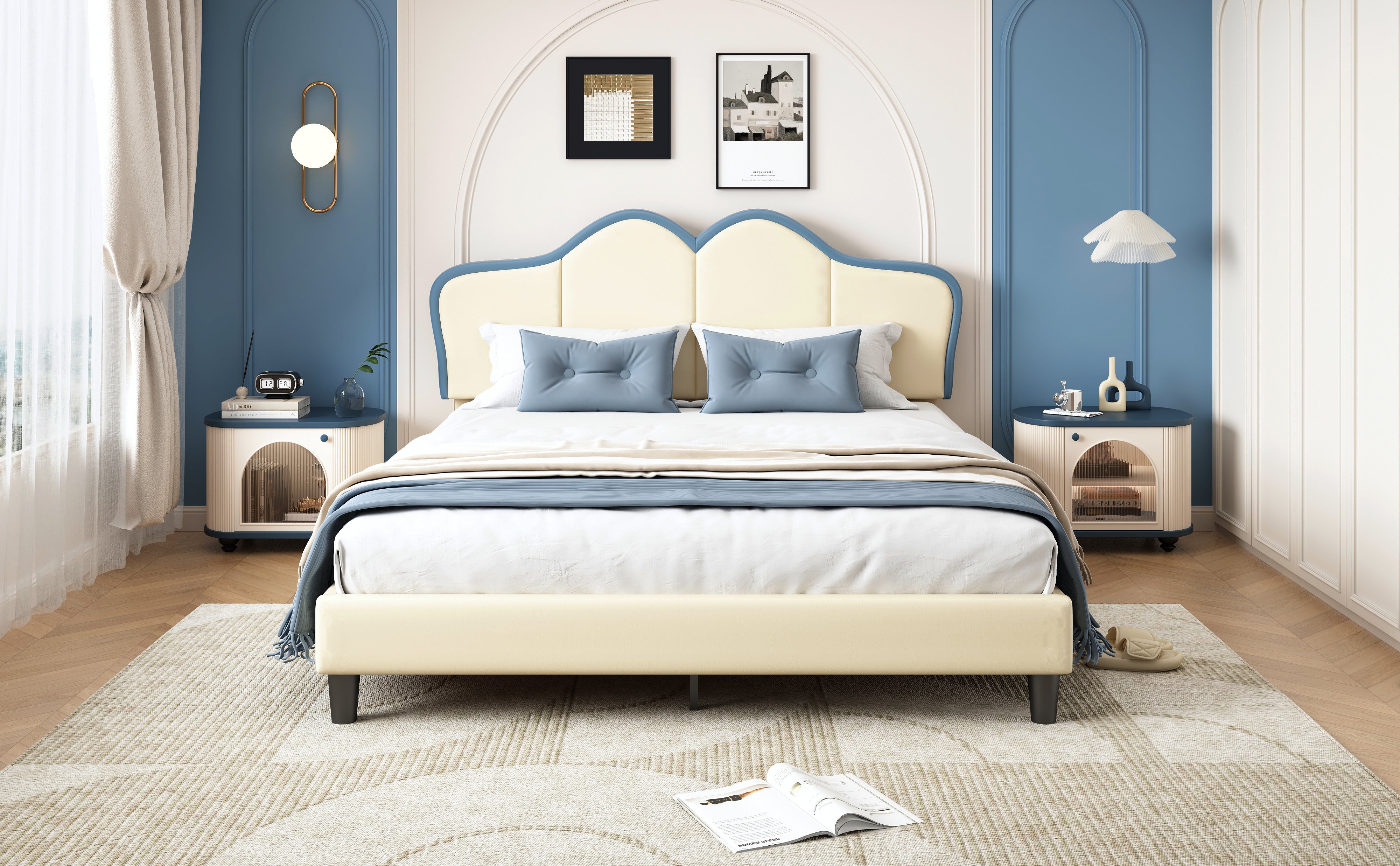 Logidon gestoffeerd bed 140x200 wit blauw met zachte beschermranden