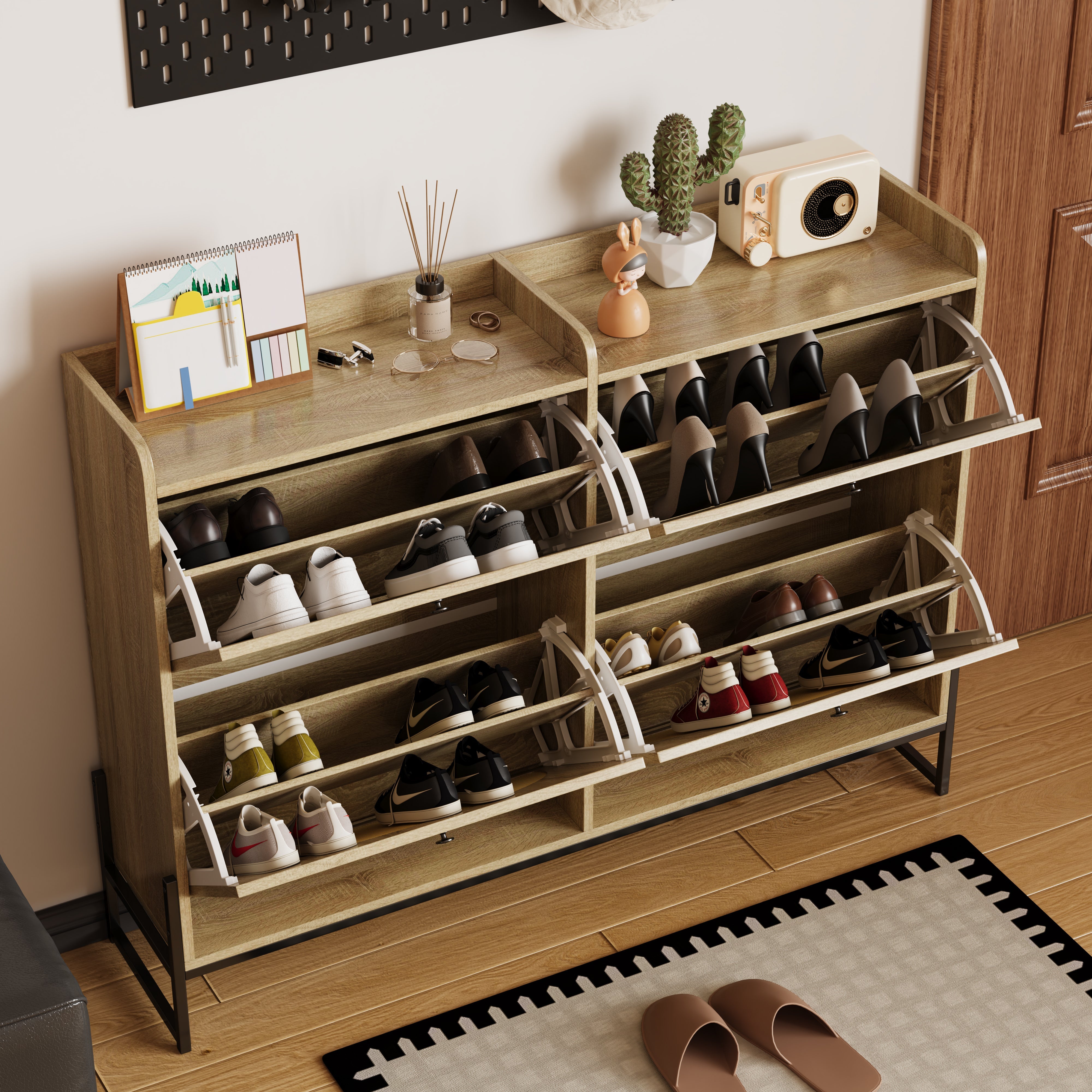 Logidon shoe cabinet narrow 4 flaps natural color 118 cm