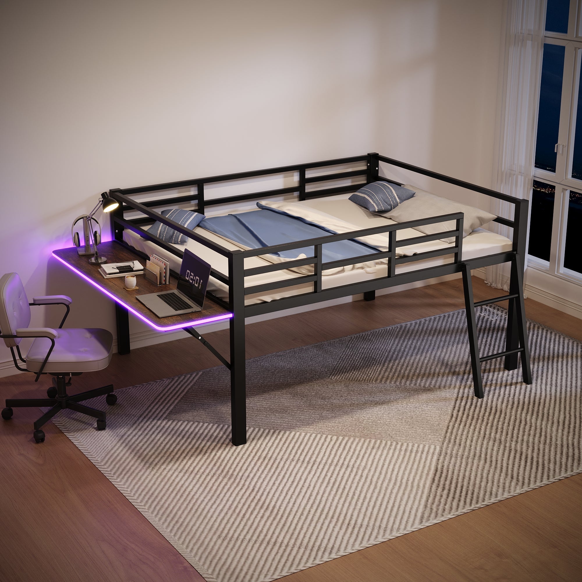 Logidon plat bed 140 x 200 cm metalen bed zwarte reling bureau