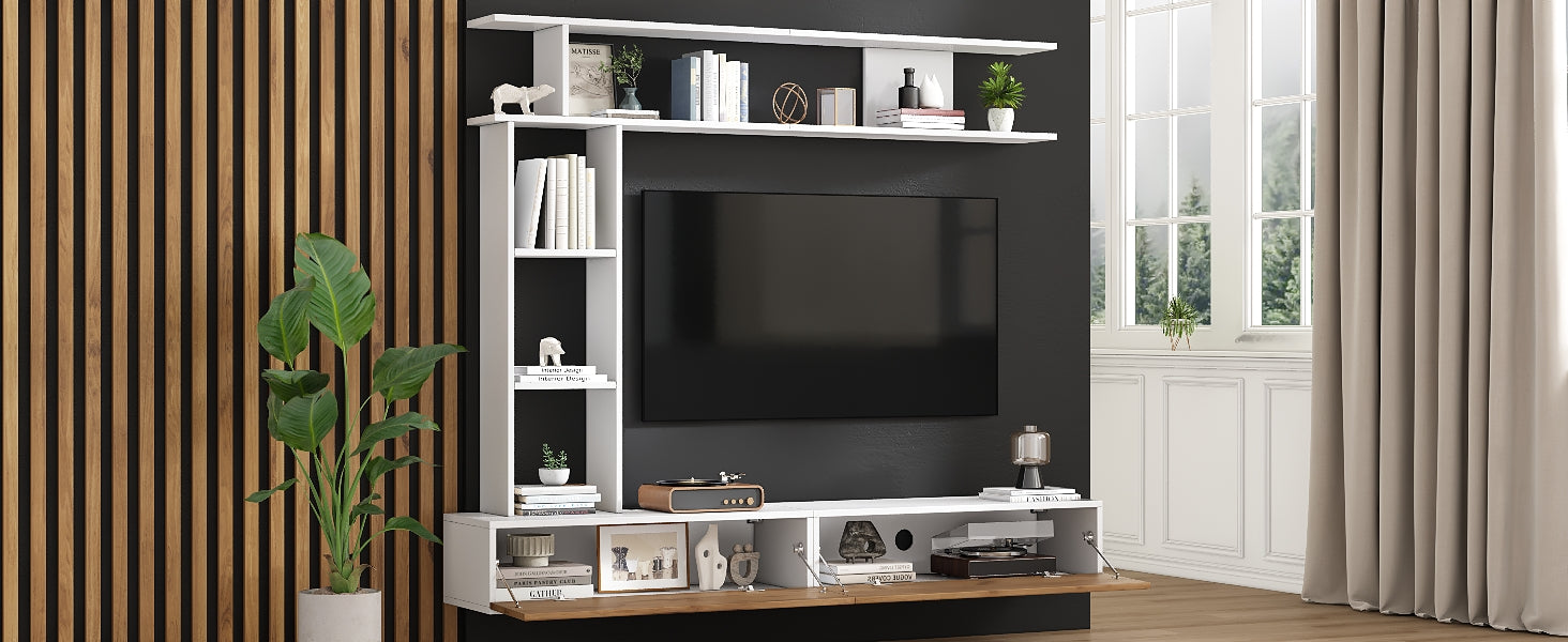 Logidon TV wandmeubel 180 cm wit houtlook met vitrinekasten