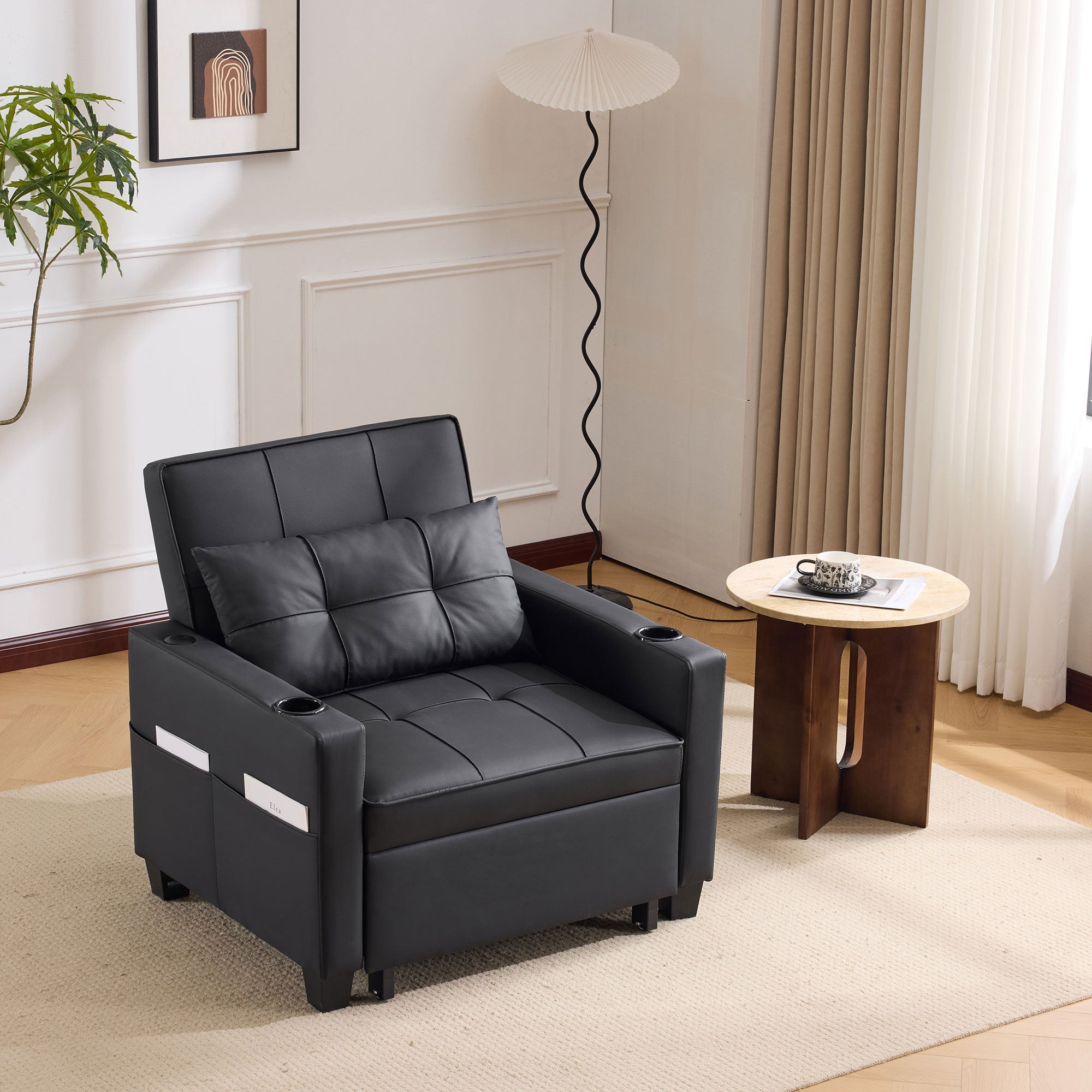Logidon 3-in-1 uitschuifbare slaapbank, fauteuil, zwarte USB-bekerhouder
