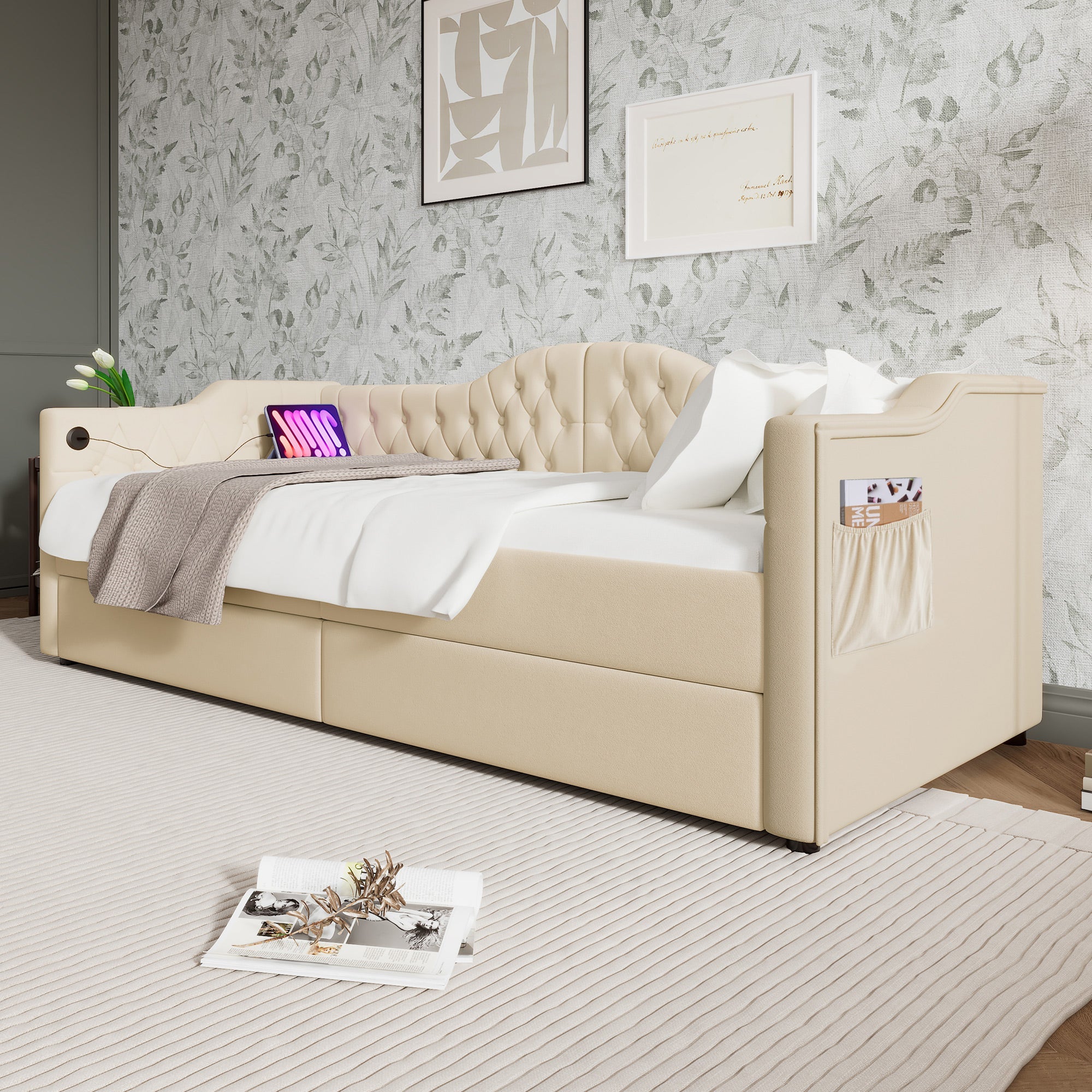 Logidon gestoffeerde slaapbank 90x200 beige USB-oplaadfunctie 2 compartimenten