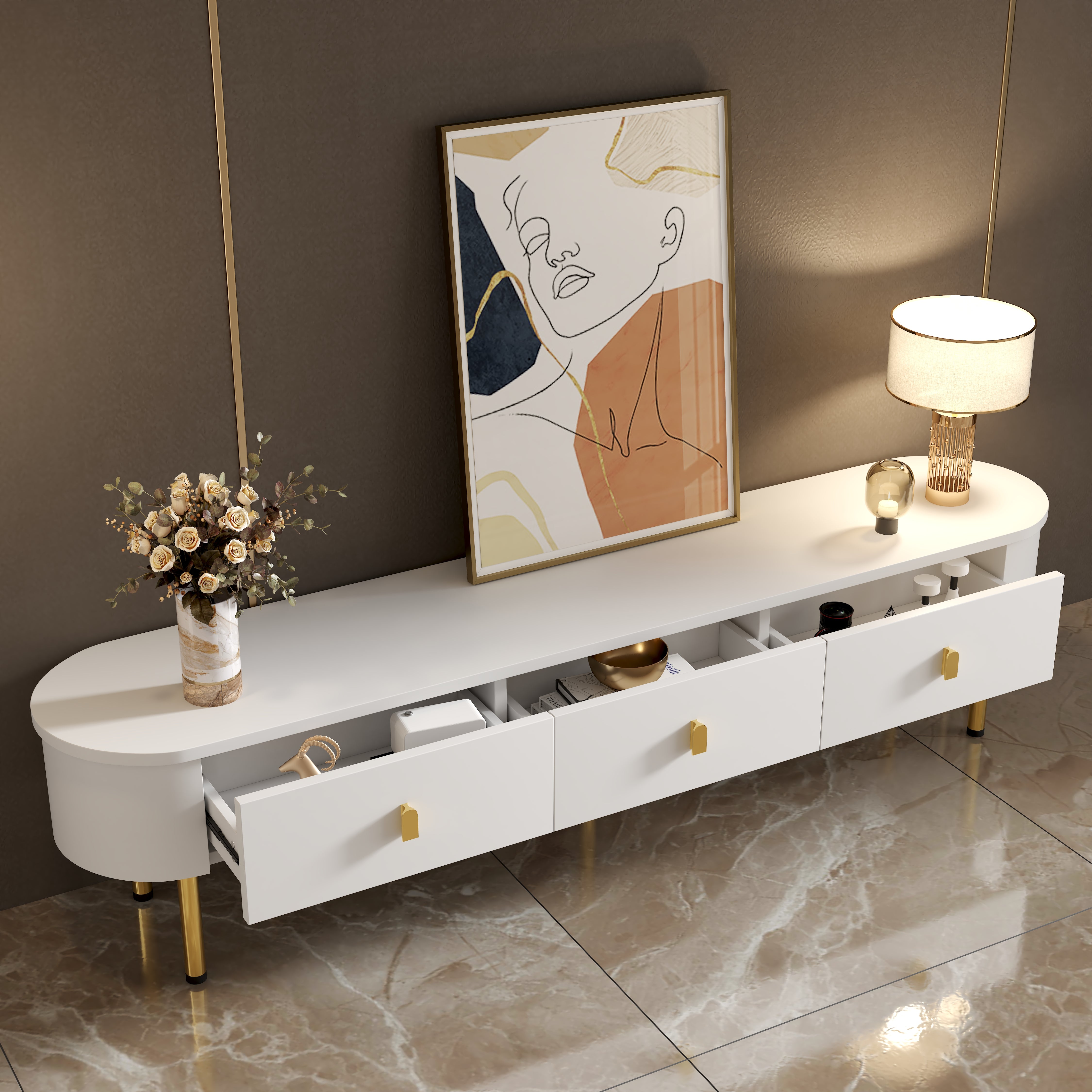 Logidon lowboard TV furniture 174 cm white glossy with golden handles