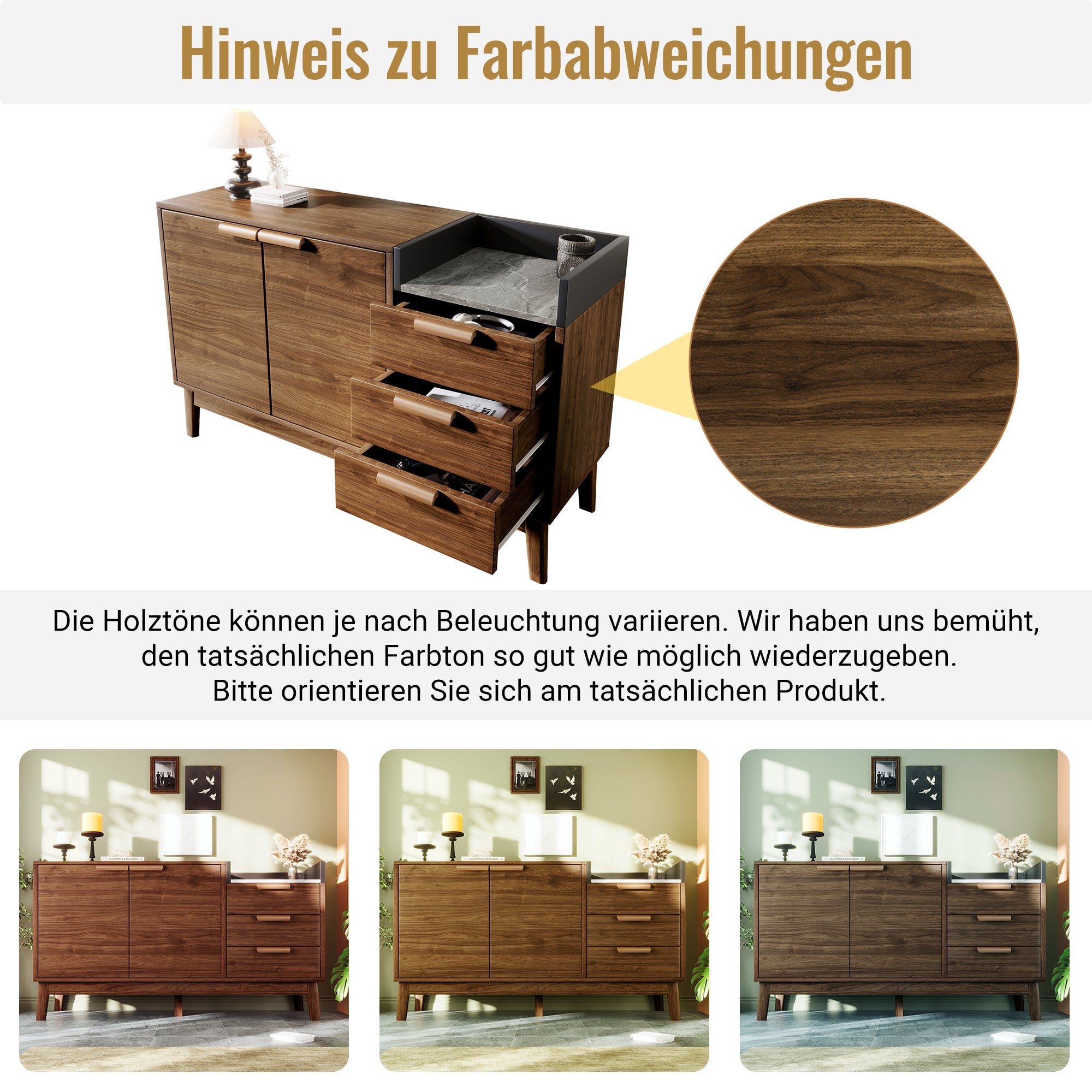 Logidon woonkamer ladekast eiken decor marmerlook blad 3 lades