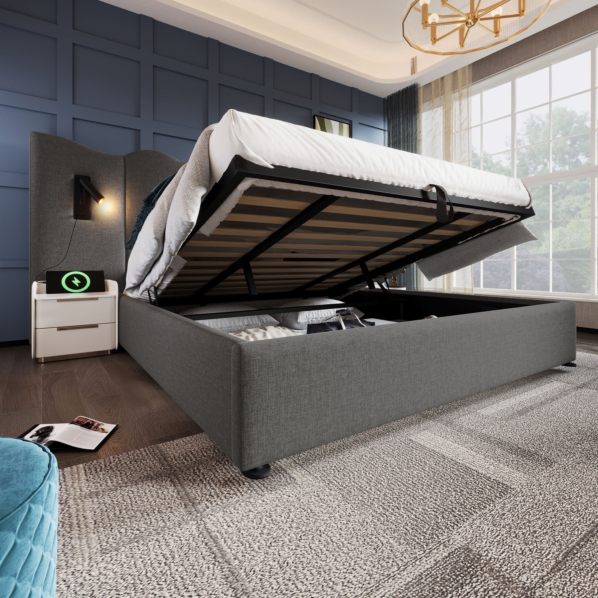 Logidon box spring bed 180x200 storage space USB C charging function reading lamp
