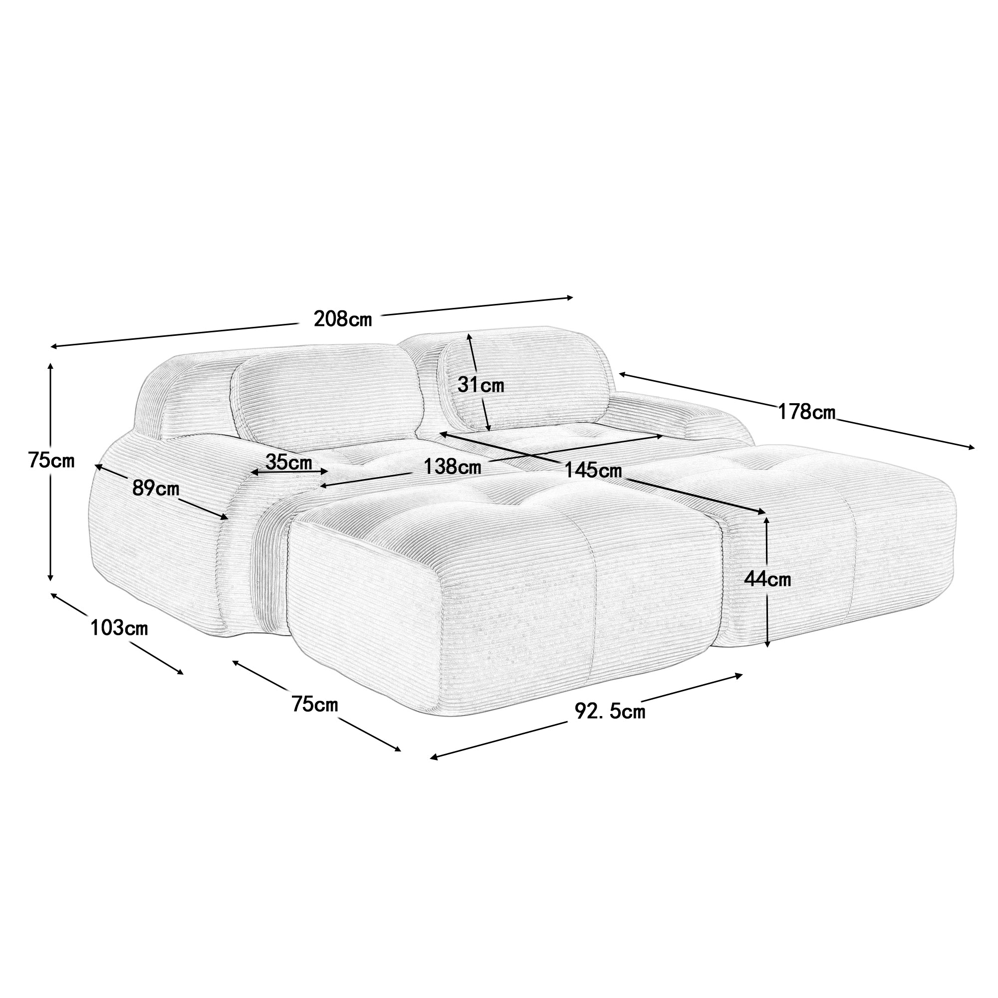 Logidon 2-zitsbank van corduroy grijze modulaire chaise longue