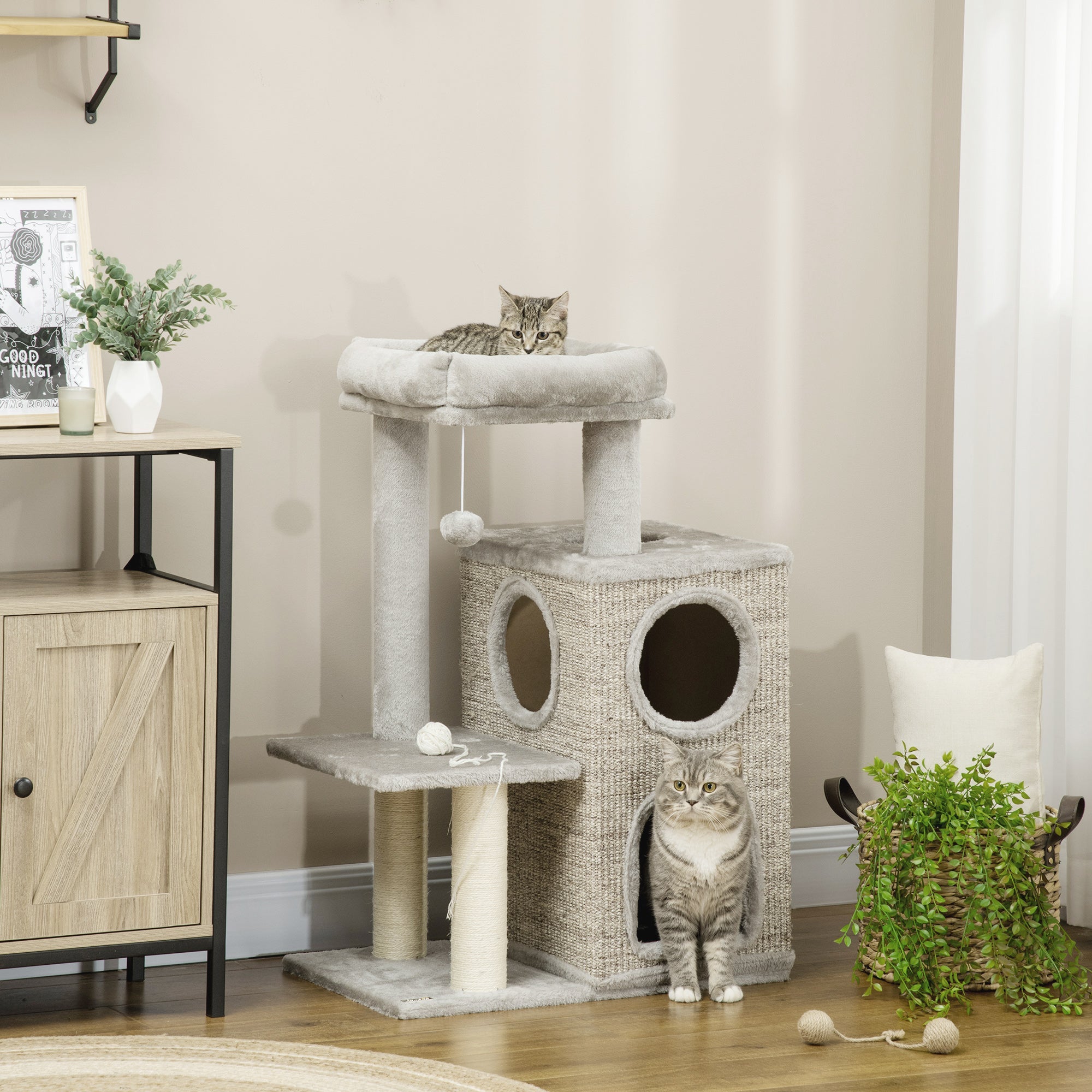 Logidon kattenkrabpaal 91cm met 2 kattengrotten sisalzuilen lichtgrijs