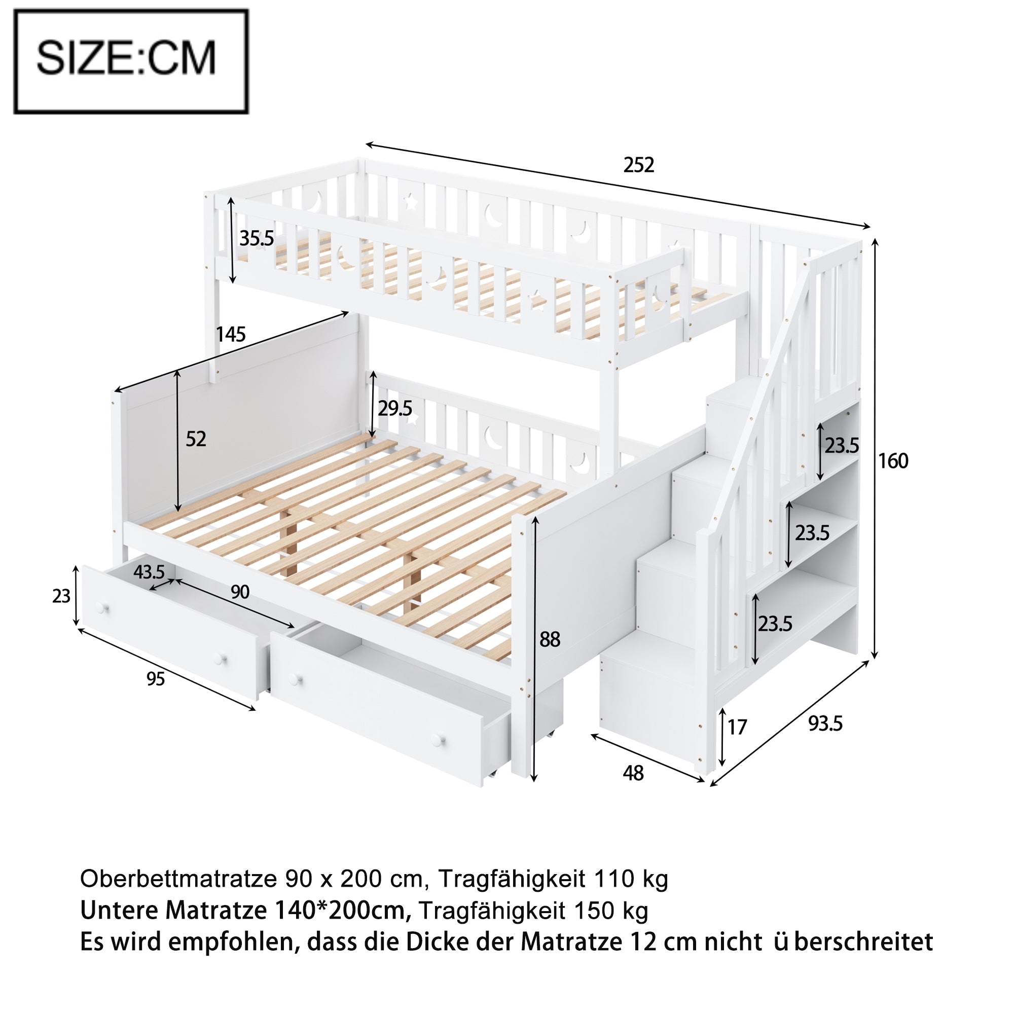 Logidon kinderstapelbed 90x200/140x200 wit met veiligheidstrap