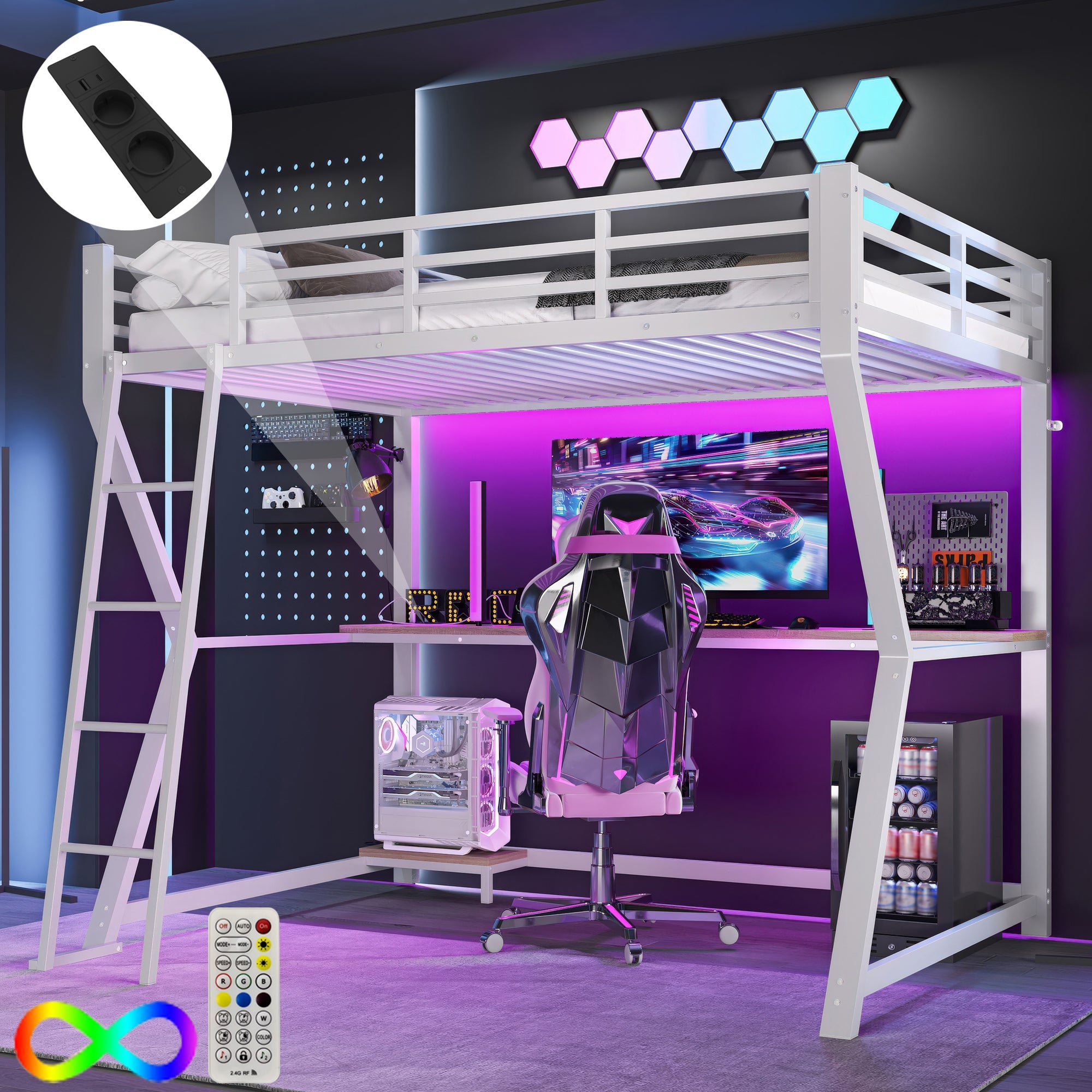 Logidon loft bed 90x200 with LED lighting and computer console white