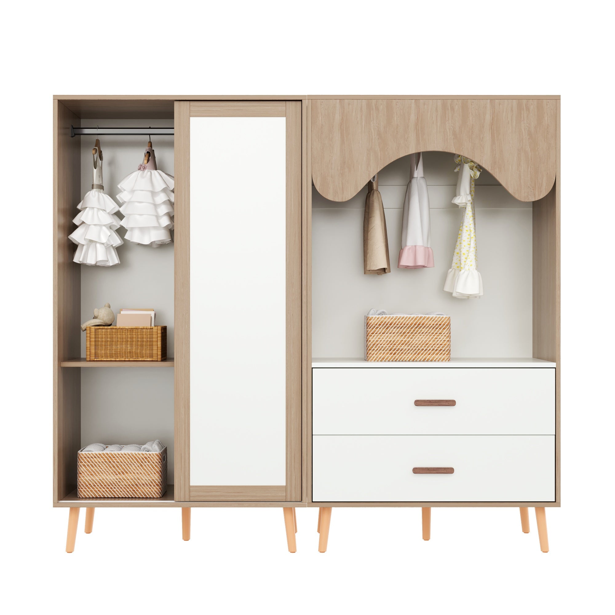 Logidon Children's Wardrobe Sliding Door Open Wardrobe White Natural Wood 141.5 cm