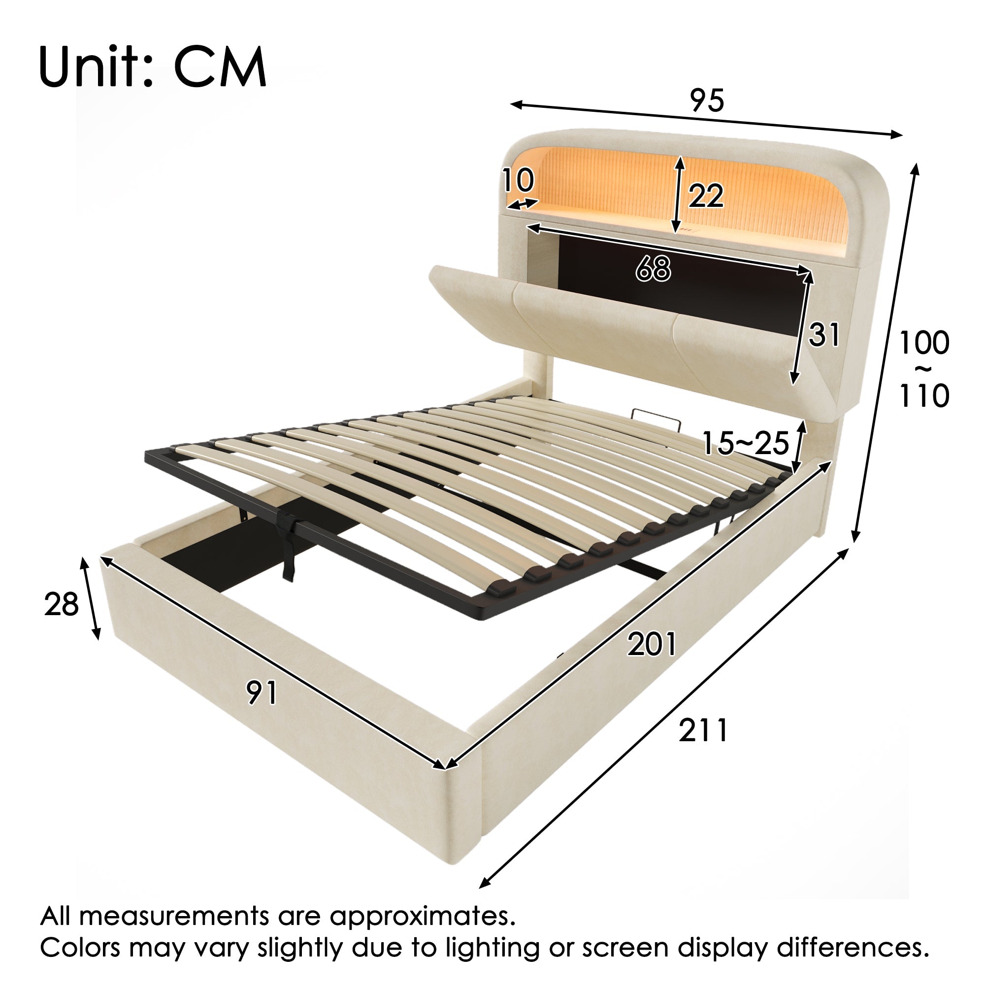 Logidon gestoffeerd bed 90x200 cm beige fluweel met opbergruimte hoofdbord, LED