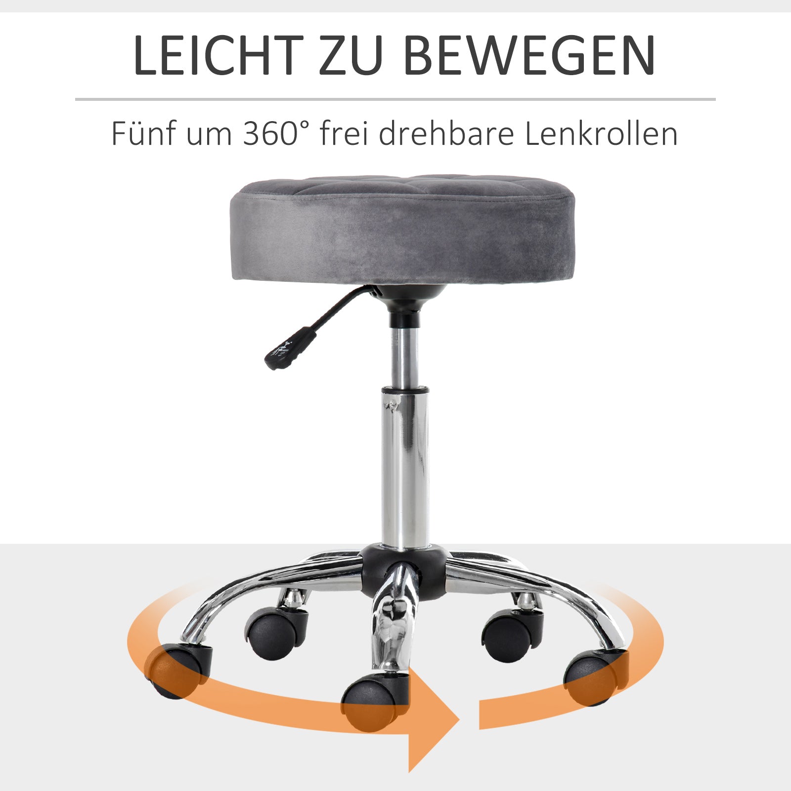 Logidon Verstelbare Salonkruk Grijs Velvet Touch Wielen Chrome Onderstel