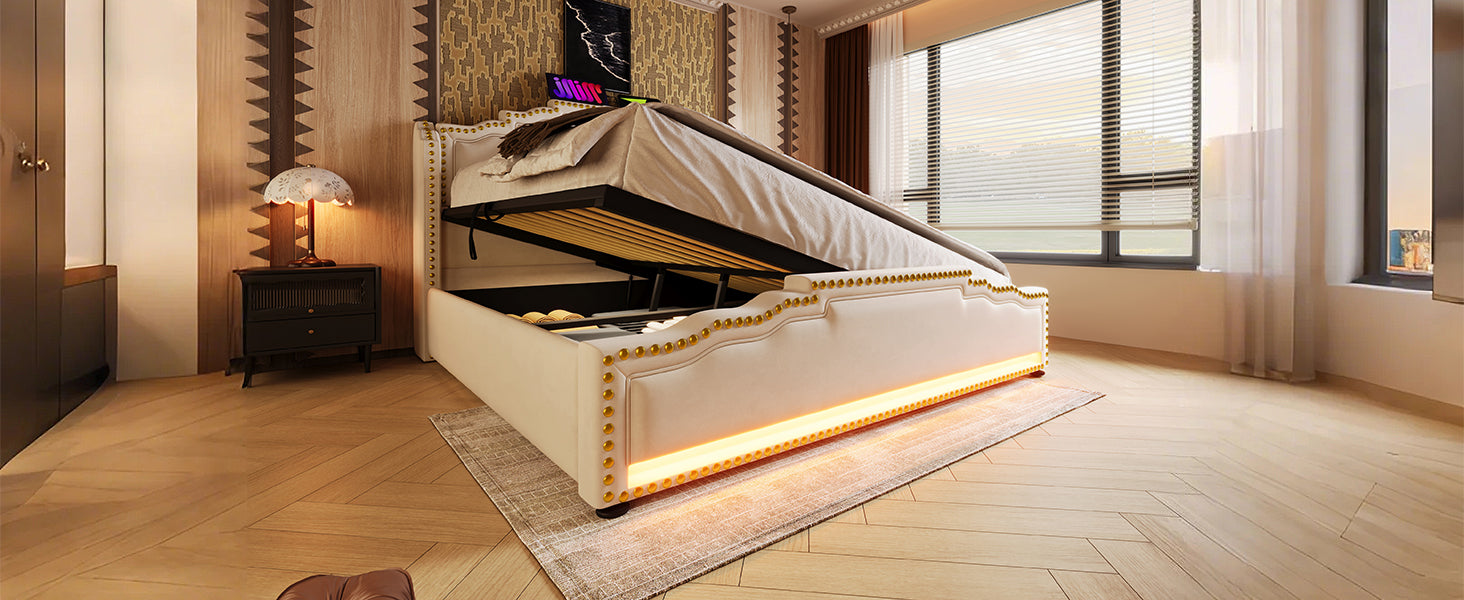 Logidon gestoffeerd bed 160x200 beige fluweel met opbergruimte LED USB C