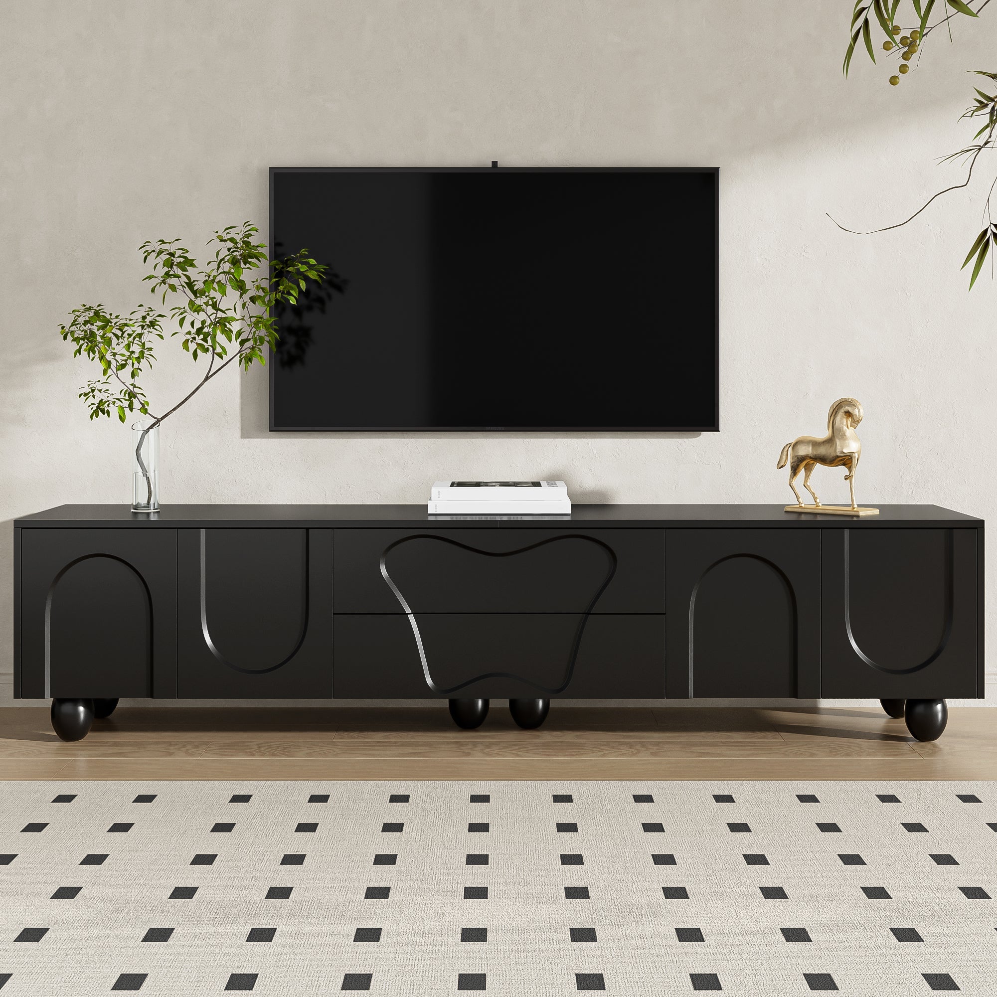 Logidon TV-meubel 180 cm Zwart Modern Kast met Houten Poten