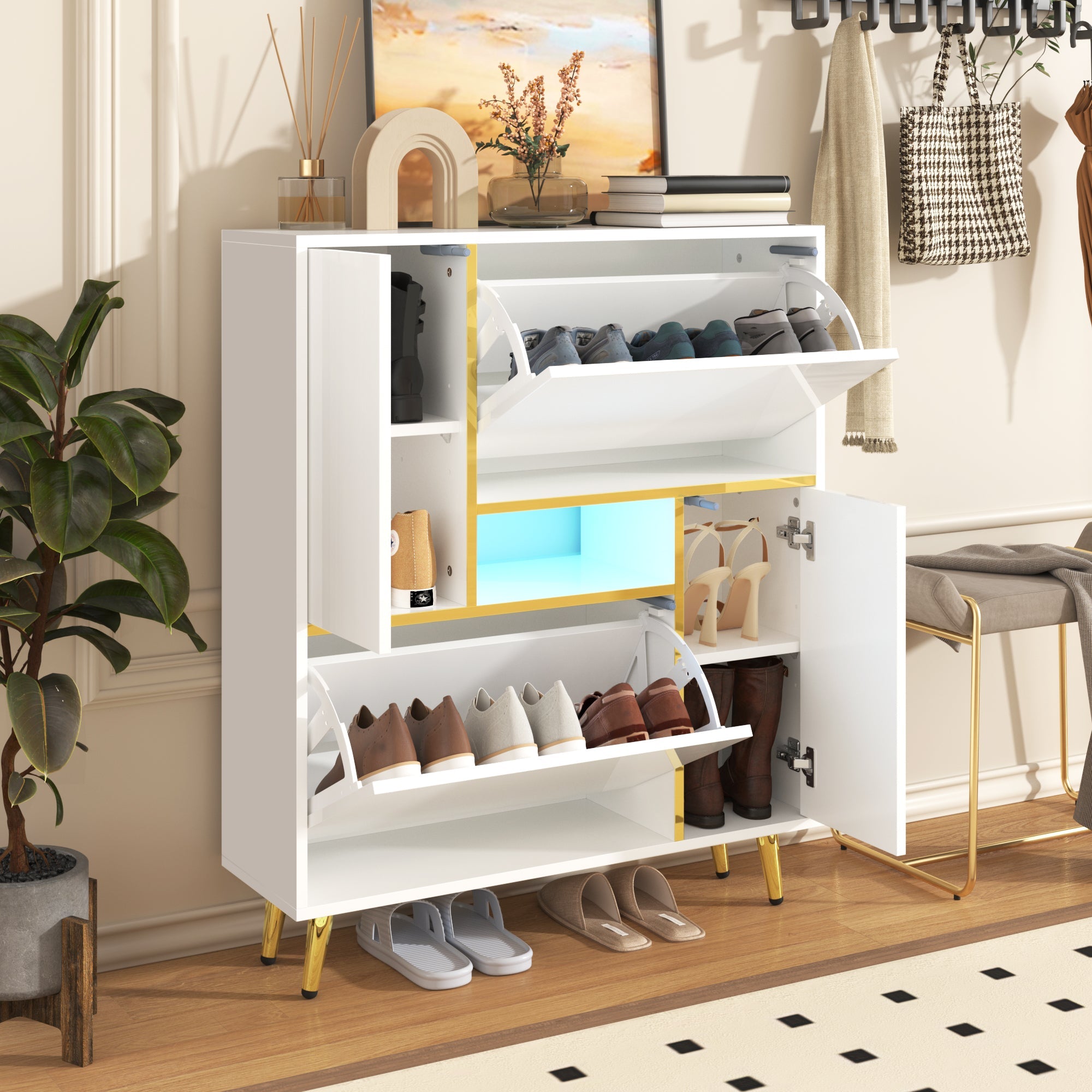 Logidon Moderne Schoenenkast Wit met Hoogglans Front en LED Licht 80x25x96 Cm