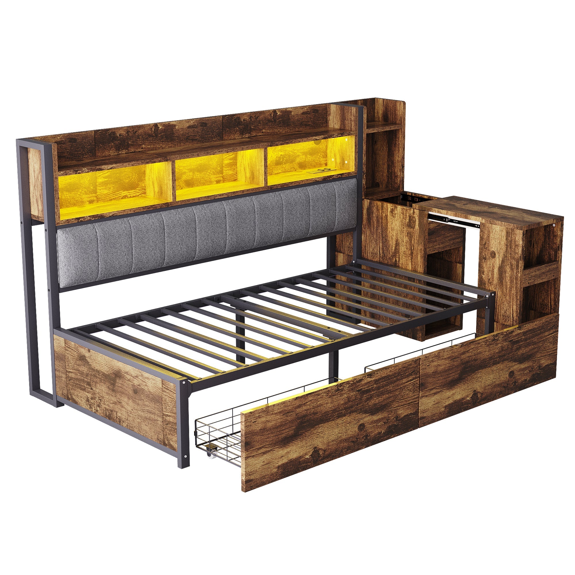 Logidon ijzeren slaapbank 90 x 200 cm houtlook opbergruimte LED