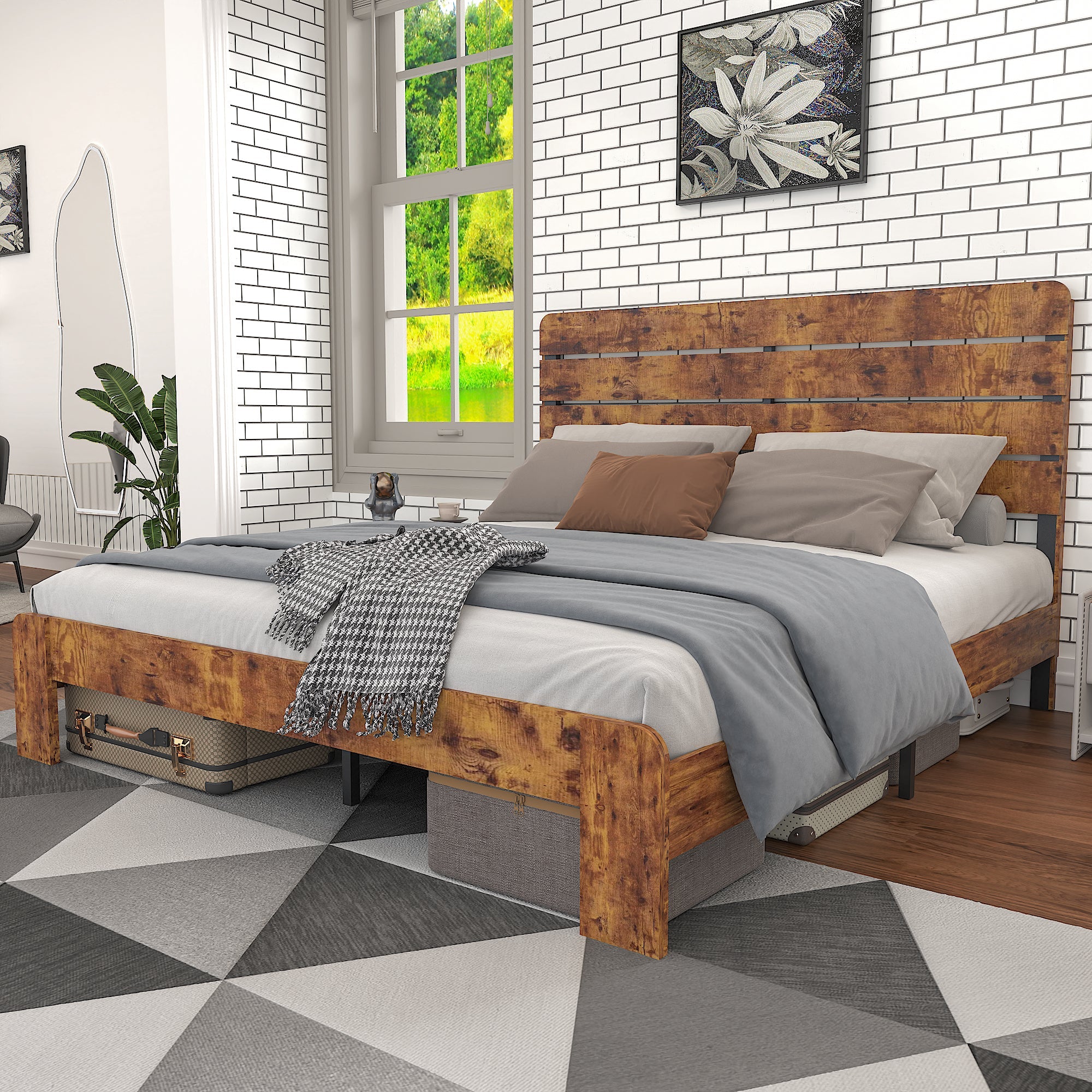 Logidon houten tweepersoonsbed 140x200 bruin MDF hoofdeinde met metalen frame