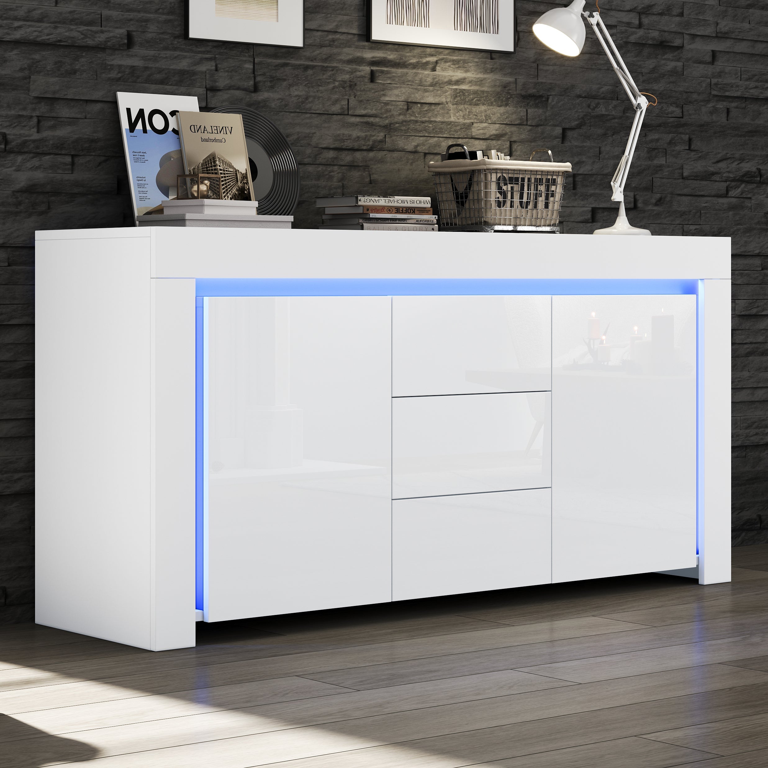 Logidon wit hoogglans dressoir 140x40x65 cm met LED verlichting