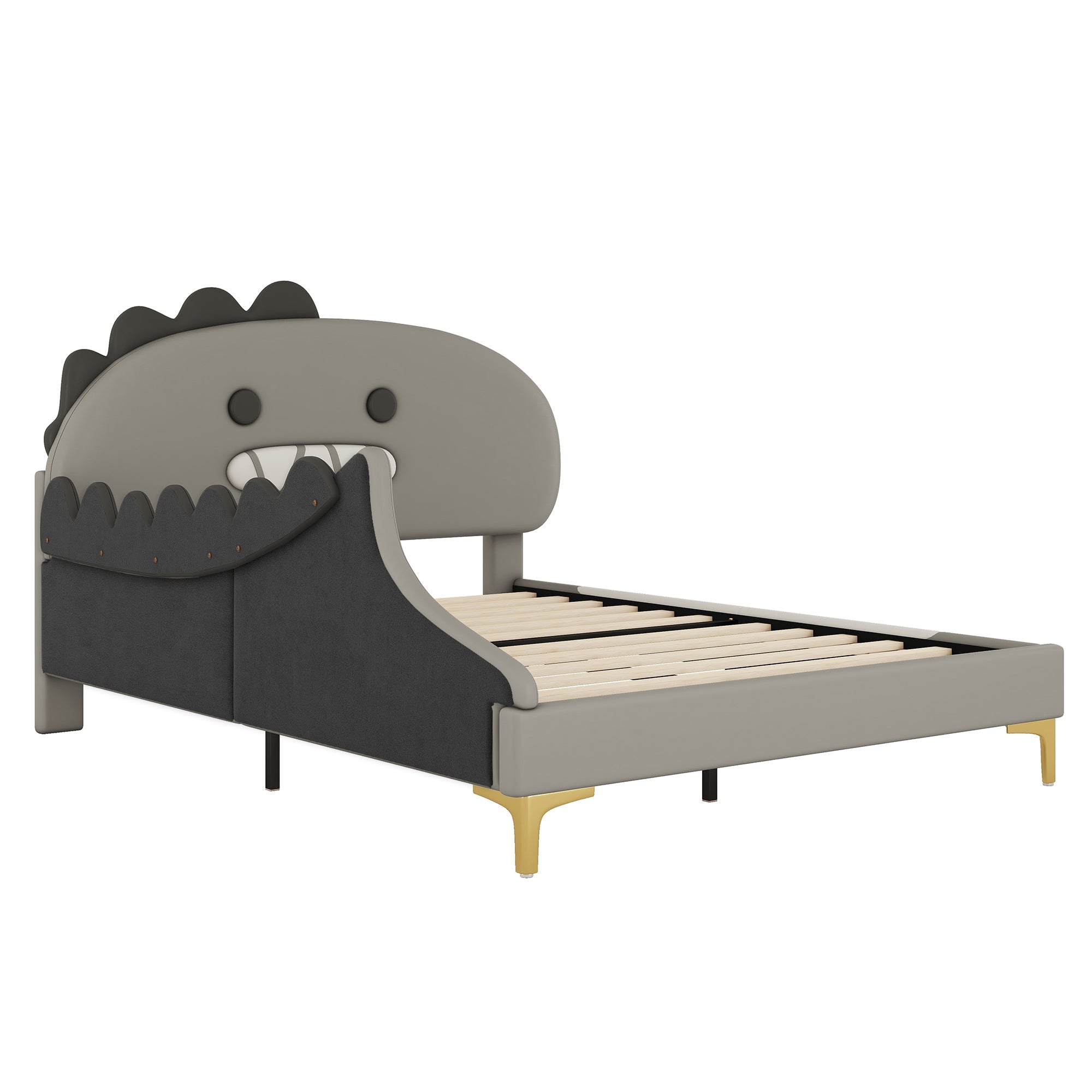 Logidon kinderbed 140x200 grijs dinosaurusvormig plat bed PU-materiaal