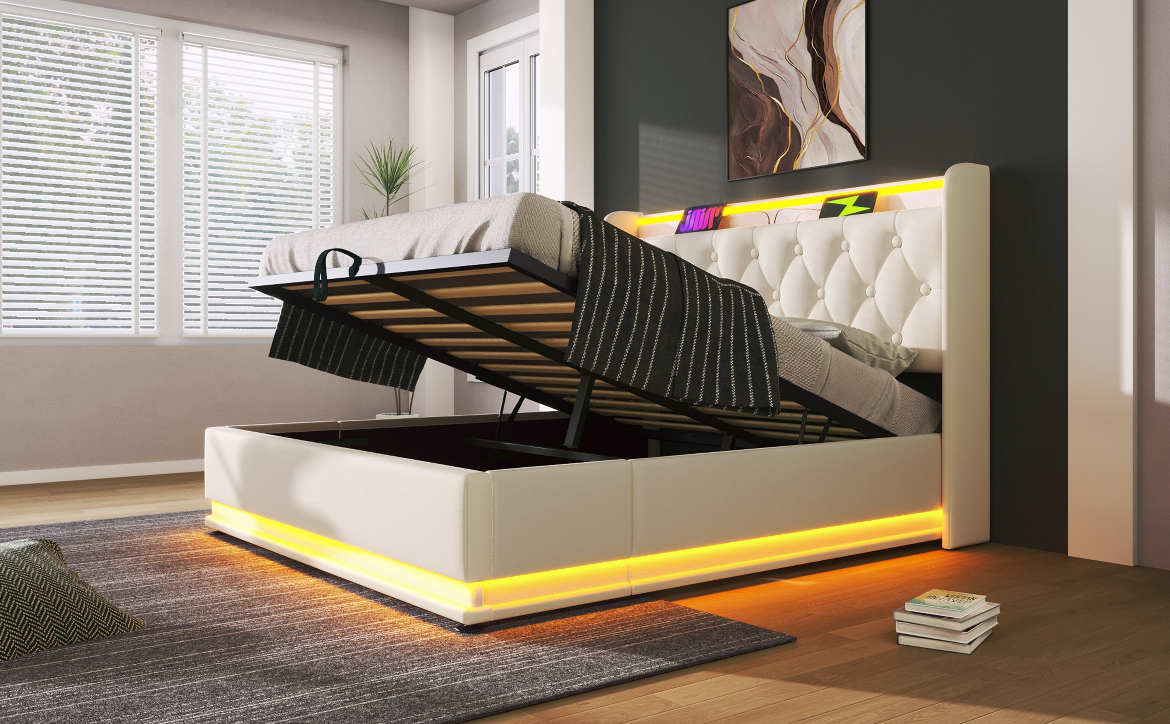 Logidon gestoffeerd bed tweepersoonsbed 140x200 cm wit PU 360 Surround LED