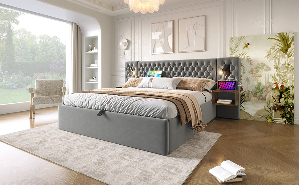 Logidon bed system hydraulic storage bed 160x200 cm gray velvet
