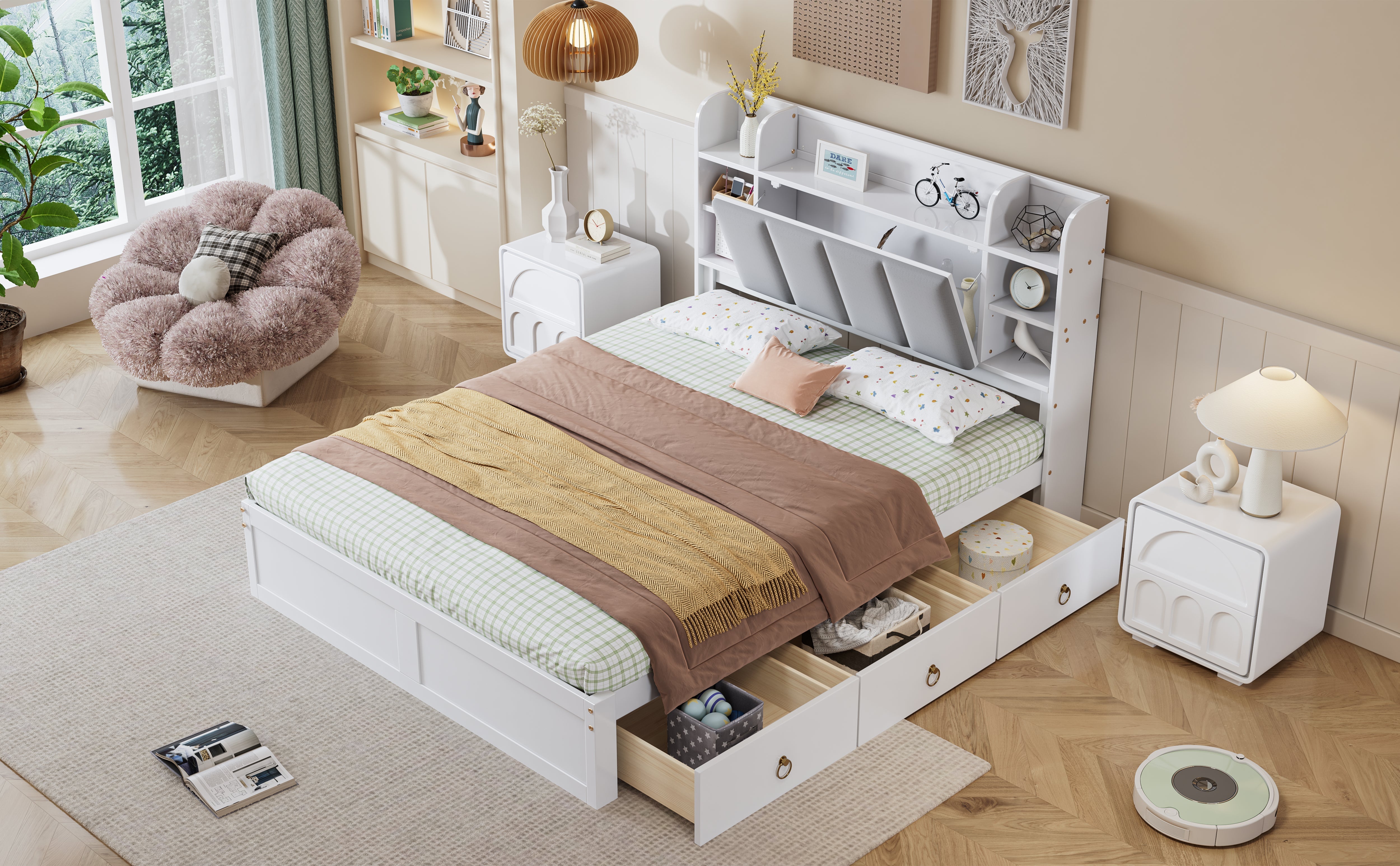Logidon tweepersoonsbed witgrijs 140x200 cm plank drie lades op wielen