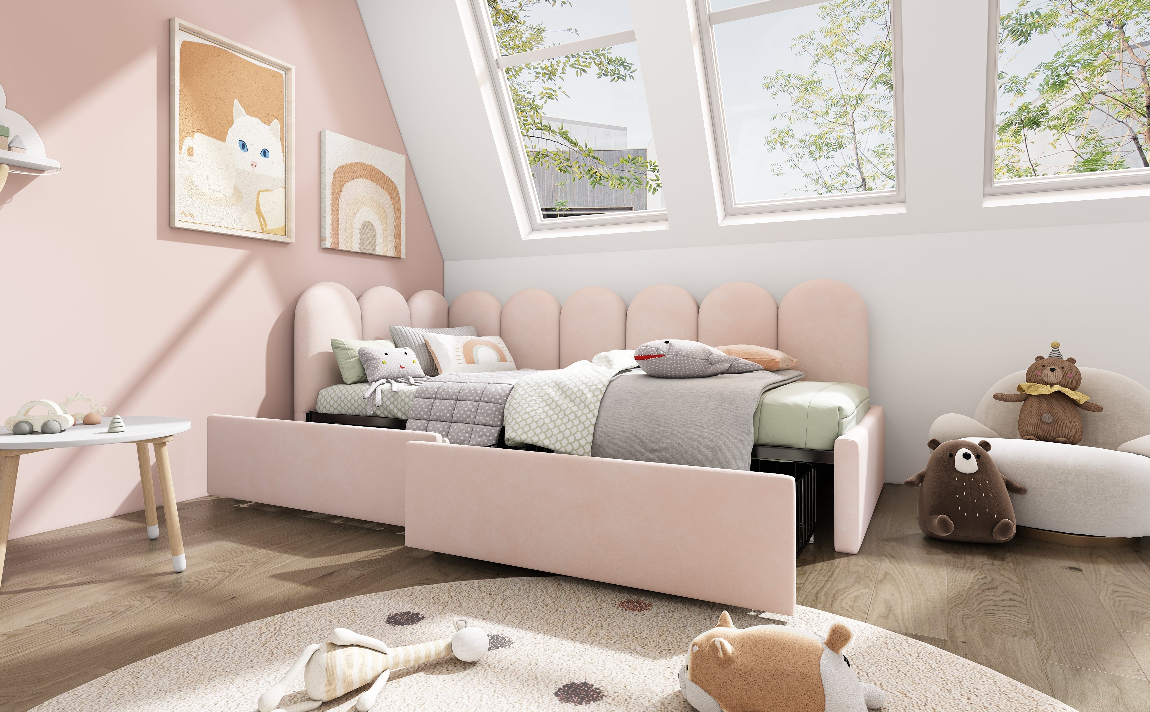 Logidon gestoffeerd bed 90x200 roze fluweel dagbed met lades