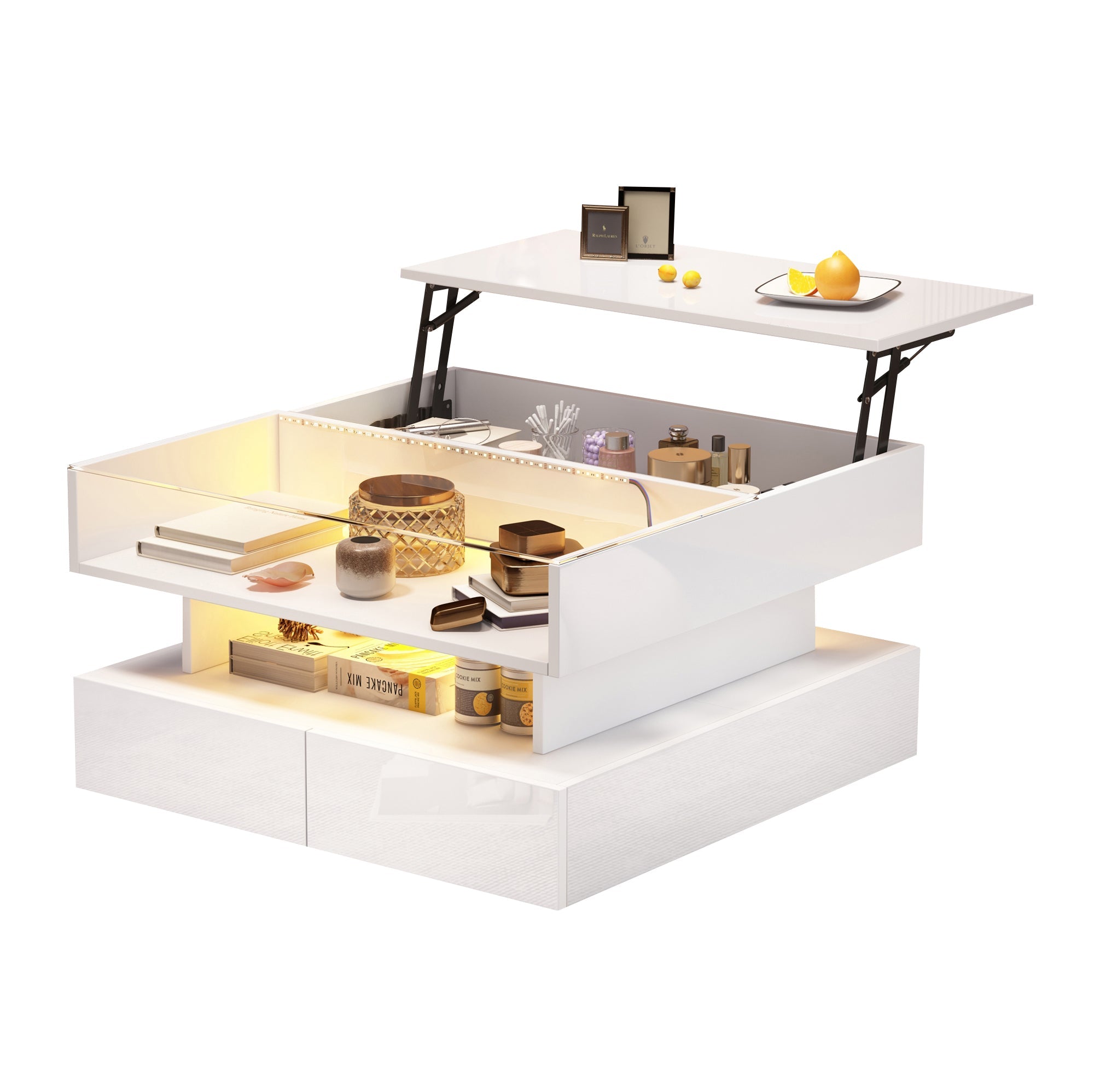 Logidon In hoogte verstelbare salontafel 80x80 cm witte LED opbergruimte